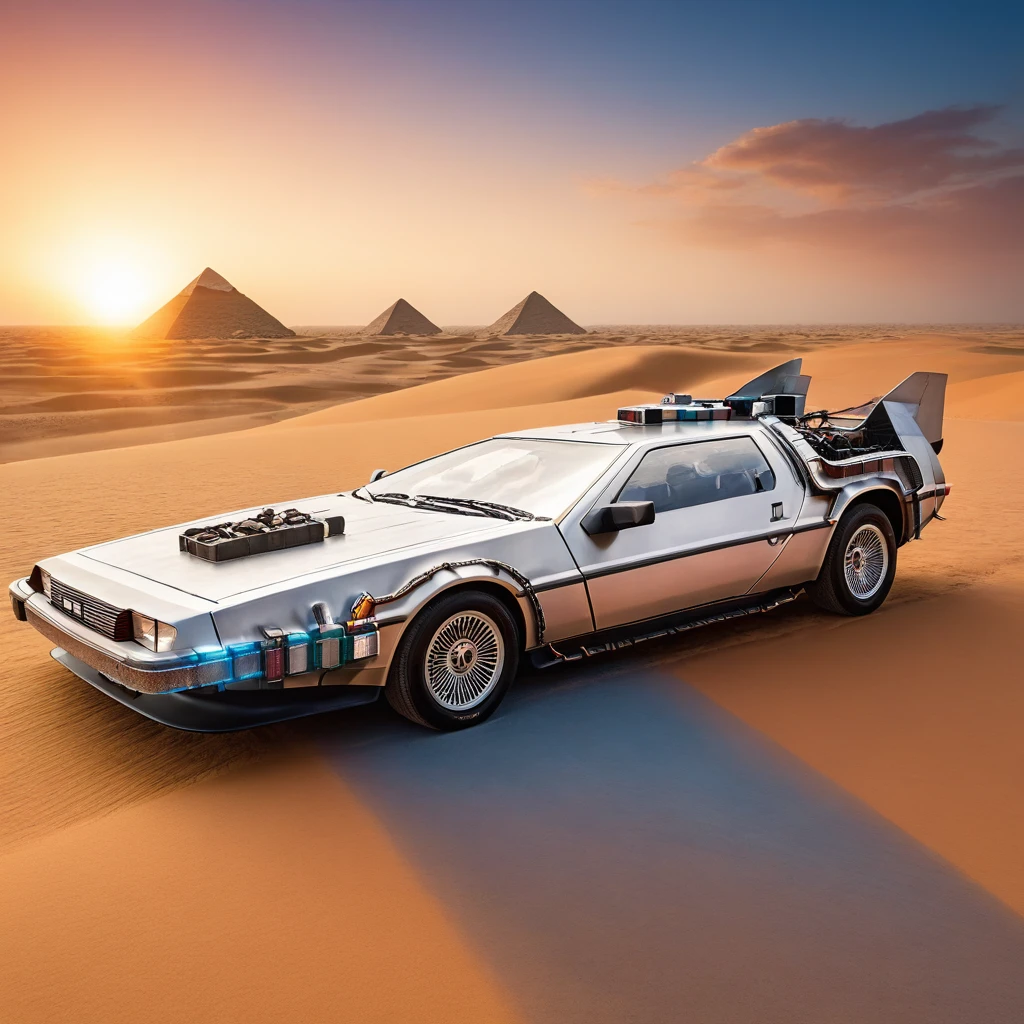 Back To The Future 1985 Delorean in the desert, Egypt, sleek silver car with gull-wing doors open, dust cloud trailing behind, sun setting in the background, casting long shadows across golden sand dunes, ancient pyramids in the distance, clear blue sky transitioning to warm hues of orange and pink, nostalgic and adventurous mood, photorealistic style, high resolution, sharp