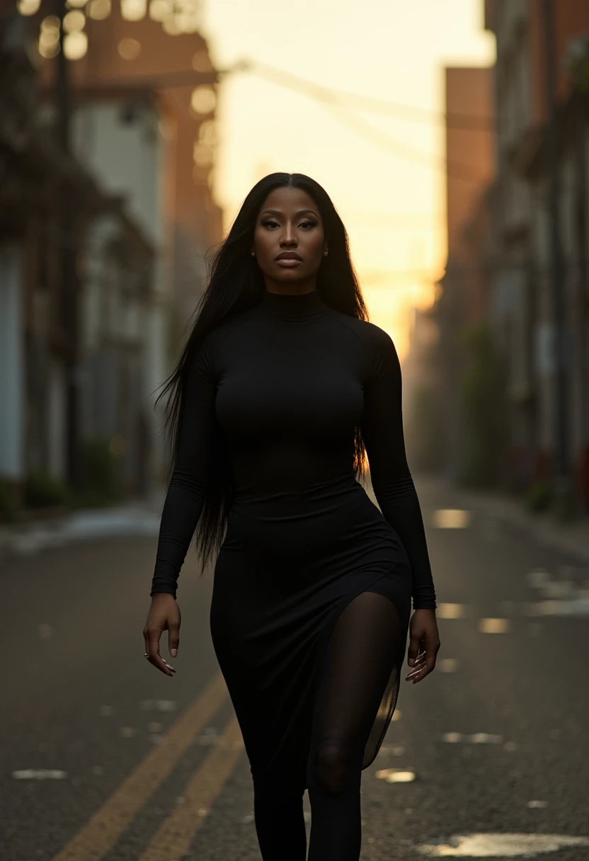 A cinematic photo of (Nicki Minaj) with long black hair wearing a black high-neck dress, as she strides confidently through a desolate, dark post-apocalyptic cityscape, capturing the stark juxtaposition of beauty and decay, with the model's flawless skin glowing like a beacon of hope amidst the ravaged urban landscape. photographed with a shallow depth of field to blur the bleak surroundings, emphasizing her striking, rebellious pose. full body, golden hour.