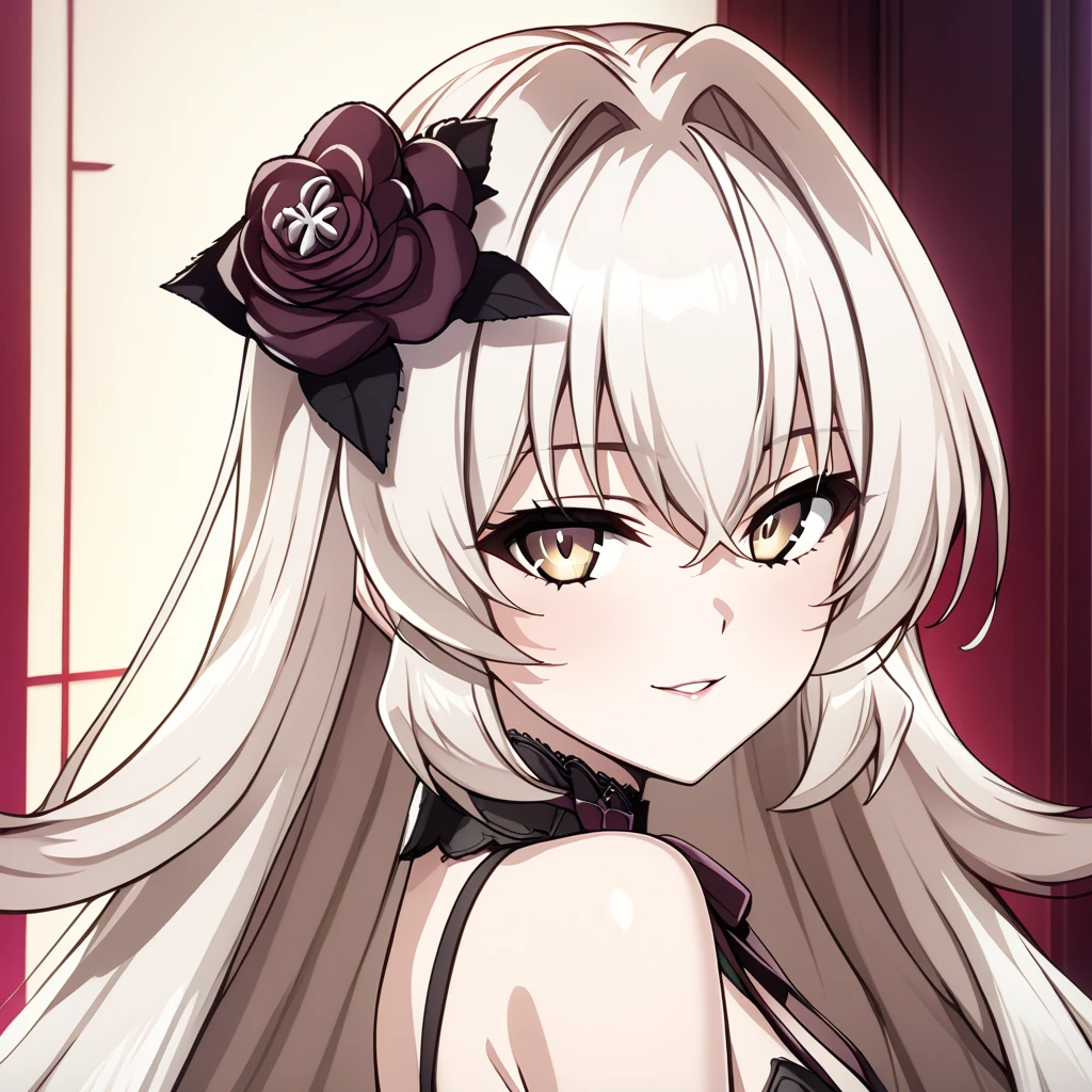 eve meitner, 1girl, solo, long hair, flower, hair ornament, hair flower, dress, looking at viewer, black dress, bare shoulders, bangs, portrait, seductive smile, anime coloring <lora:Eve_Meitner_V1.5:1>, (masterpiece),(best quality),(ultra-detailed),(best illustration),(best shadow),(absurdres),(detailed background),(very aesthetic),