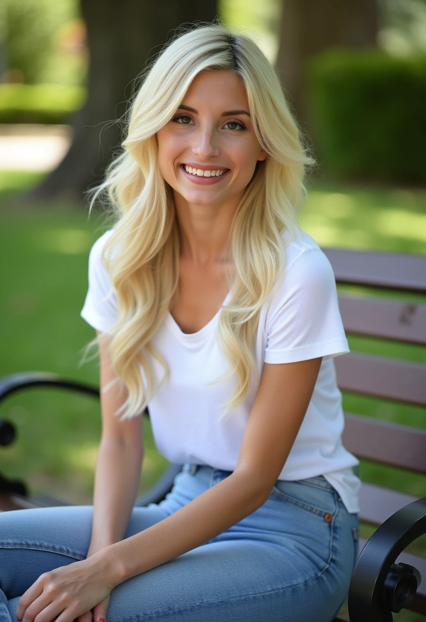 A highly detailed realistic photo of piperperri, young petite blonde woman in a t-shirt and jeans. Sitting on a park bench. headshot, close up on face. Smiling looking at viewer