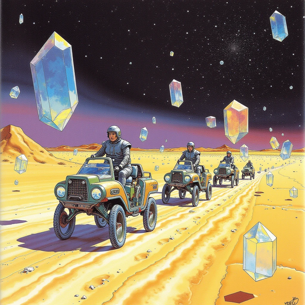 In style of Moebius. A cosmic caravan consisting of cyborgs travels through a desert of shimmering sand, with floating crystal formations guiding their path.