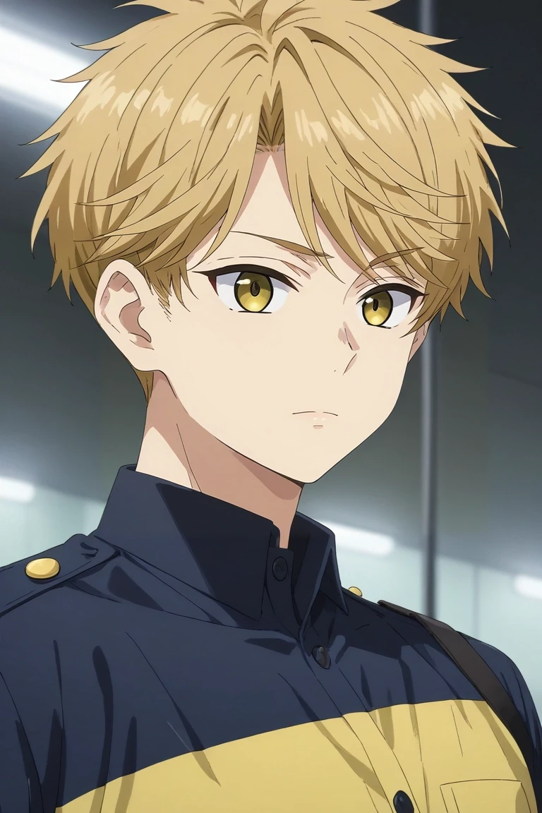 score_9, score_8_up, score_7_up, source_anime, rating_safe, , semi-realistic, , depth of field, 1boy, solo, male focus, <lora:yuuma_nikaidou_pony:0.78>, yuuma_nikaidou, blonde hair, yellow eyes, short hair, , cop costume, <lora:sdxl_lightning_8step_lora:1>