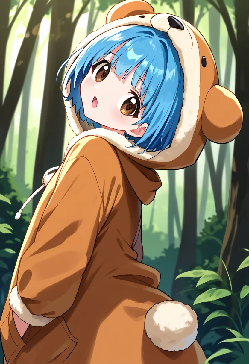 score_9, score_8_up, score_7_up, source_anime BREAK 1girl, solo, ga_mint, 140cm taller, from side, bear costume, (kigurumi:1.3), cosplay, blue hair, short hair, bangs, brown eyes, looking at you, open mouth, forest <lora:ga_mint:1>