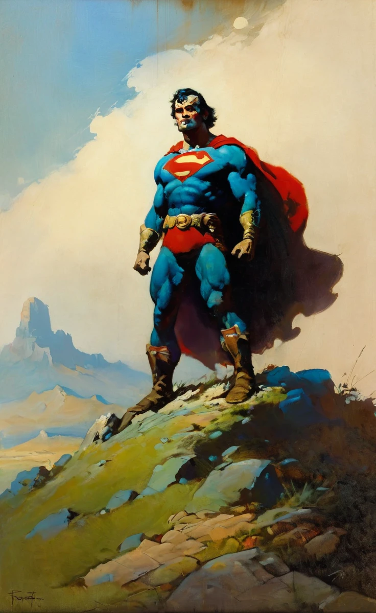 score_9, score_8_up, score_7_up, score_6_up, score_5_up, score_4_up , <lora:FrankFrazetta:.7>
a painting of a superman standing on a hill, frazetta, a fine art painting, figurative art