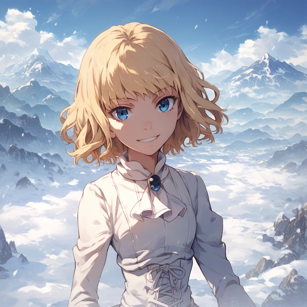 score_9, score_8_up, score_7_up, leivinia-birdway, toaru, 1girl, 1girl, anime coloring, solo, blonde hair, smile, short hair, sky, brooch, ascot, long sleeves, upper body, blue eyes, mountain, outdoors, jewelry, cloud, snow, white ascot