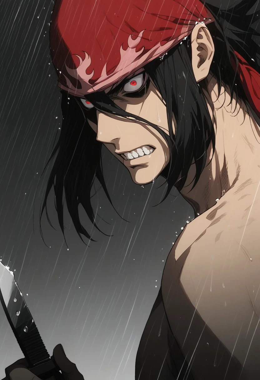 score_9, score_8_up, score_7_up, source_anime, rating_safe, monochrome, raining, holding knife, KurokibaSNS, (black Kurokiba hair), red Kurokiba eyes, 1boy, male focus, topless, red Kurokiba head bandana, teeth, angry, gradient background, flat color, dark theme,