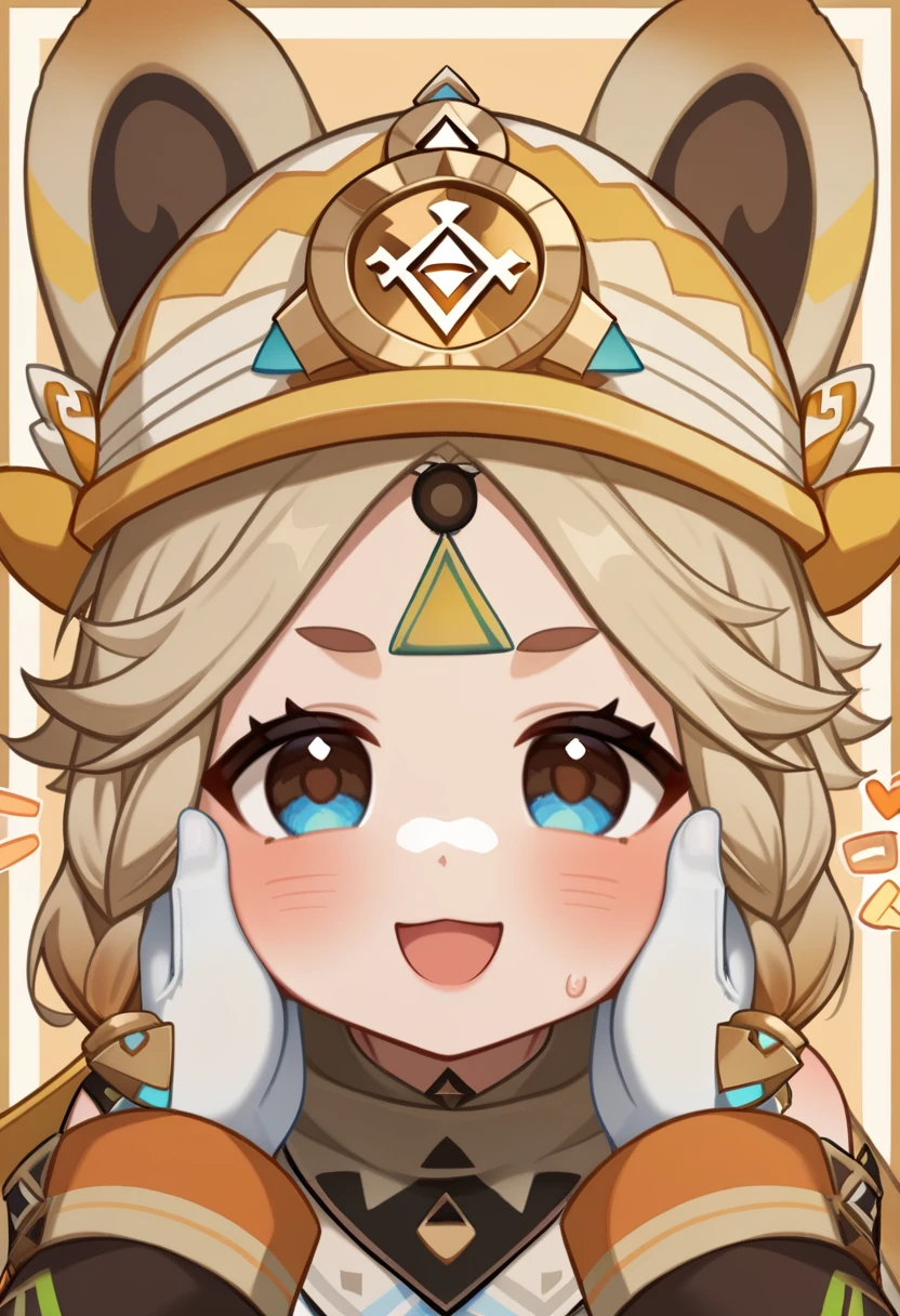 <lora:kachina_(genshin_impact):1>,kachina_(genshin_impact), blush, solo_focus, :3, >_<, 2girls, sweatdrop, open_mouth, white_gloves, speech_bubble, hands_on_another's_cheeks, looking_at_viewer, chibi, 1girl, helmet, smile, border, pov