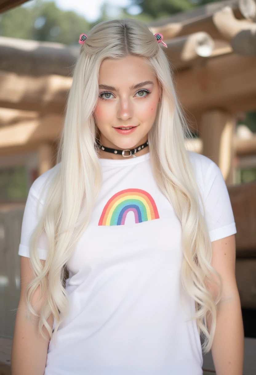 p3r5on wearing a white t-shirt with a rainbow design, accessorized with pink hair clips, a choker, and a black choker, standing outdoors with wooden structures in the background, capturing a candid moment.