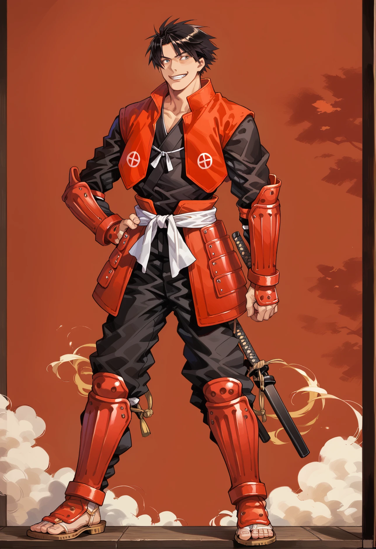 1boy, solo, shimazu_toyohisa_\(drifters)\,black hair, black shirt, red japanese armor, red japanese clothes, kusazuri, grin, full body,  <lora:shimazu_toyohisa-000019:0.9>, score_9, score_8_up, score_7_up, score_6_up