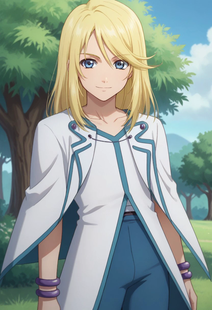 score_9, score_8_up, score_7_up, source_anime, highly detailed, 
mithos, solo, blonde hair, long hair, blue eyes, smile, upper body, pants, blue pants,
jewelry, male focus, 1boy, looking at viewer, cape, white cape,
dress, white dress, bracelet, slender, skinny,
outdoor, sky, tree