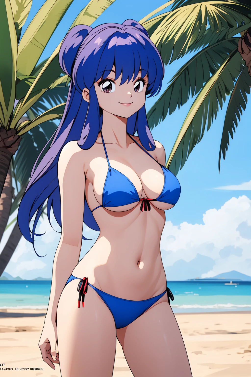 (RAW photo, best quality), 1girl,  natural lighting, smile, outdoor,
 <lora:ranma_shampoo_1_2:1> rm_shampu, beach, bikini,