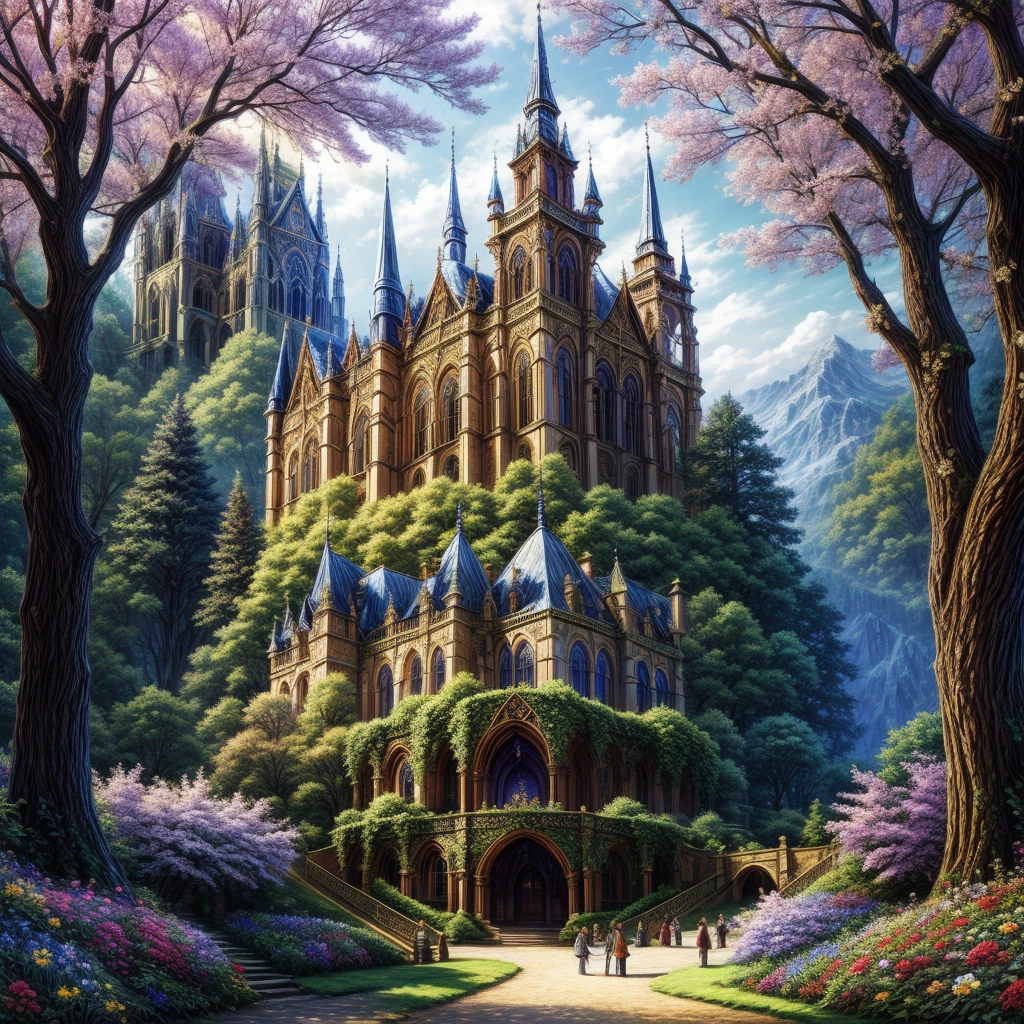 intricate detail, fantasy, enchanted forest, flowers, cathedral, village, mansion, houses, noon, (masterpiece, best quality, extremely detailed), <lora:l_32:-0.5>, <lora:add_detail:1.5>