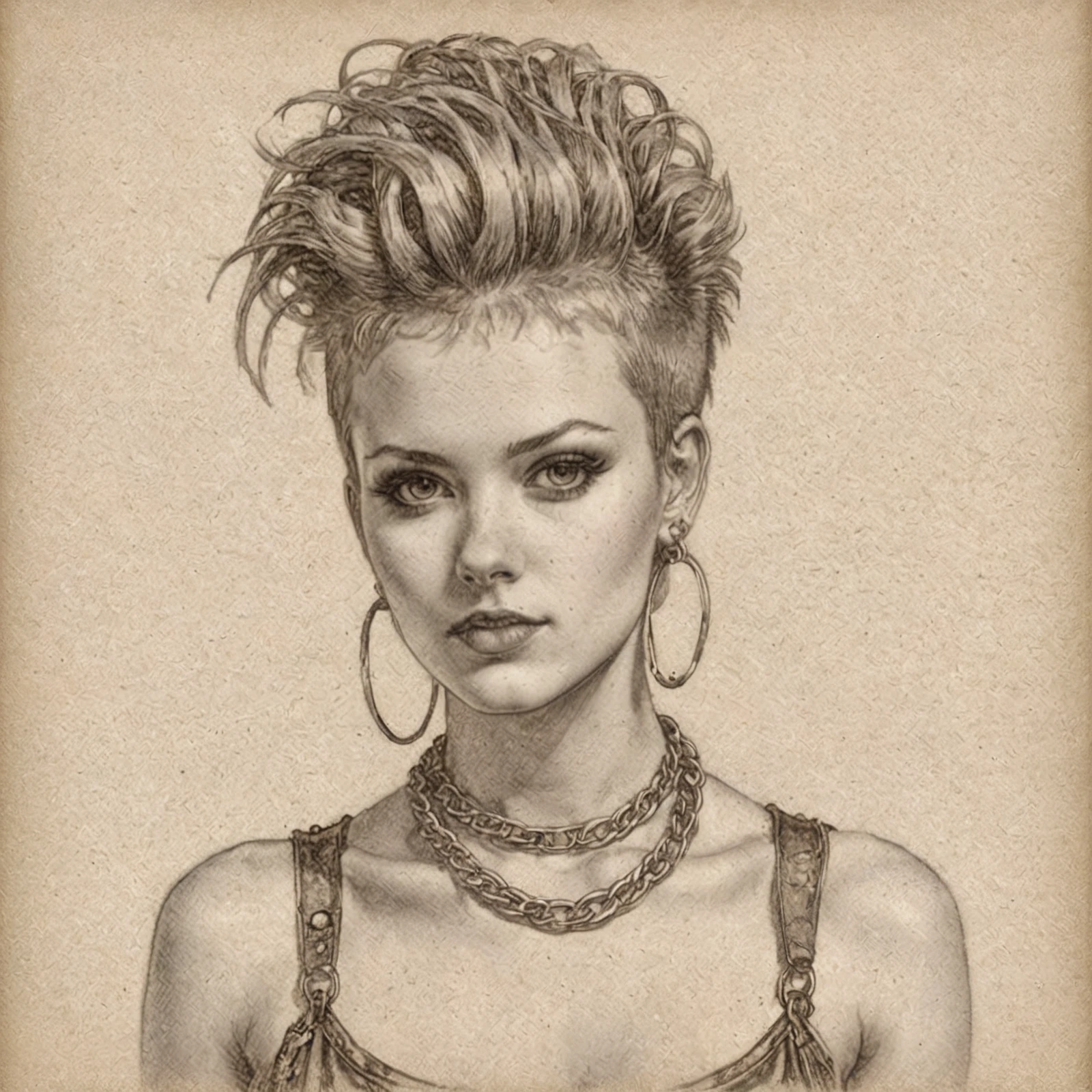 Portrait of a punk woman.
pencil drawing. Heavy chain necklace.
<lora:VintageDrawing01-00_CE_SDXL_128OT:0.6>