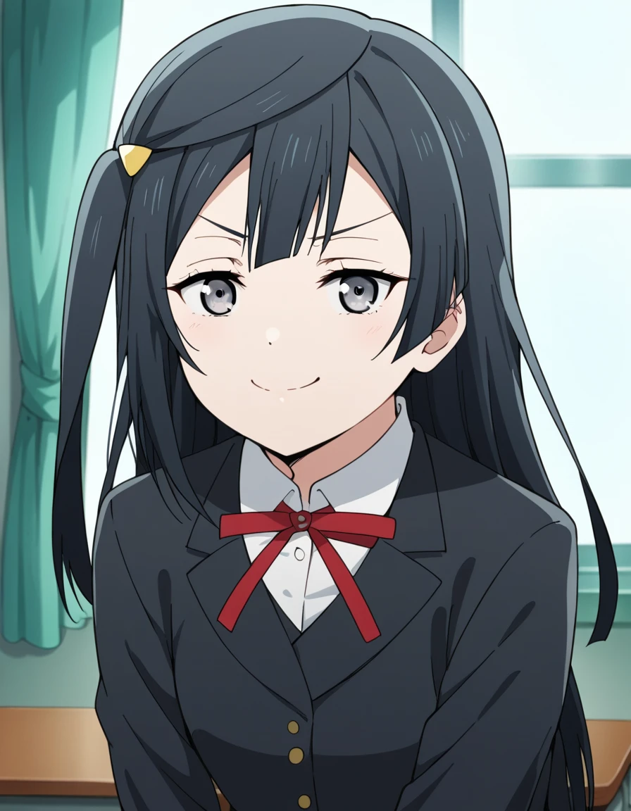 score_9, score_8_up, score_7_up, source_anime, <lora:setsuna-yuuki-s2-ponyxl-lora-nochekaiser:1>, setsuna yuuki, yuuki setsuna (love live!), long hair, bangs, black hair, sidelocks, grey eyes, one side up, hair ornament,, skirt, long sleeves, school uniform, jacket, red ribbon, black jacket, blazer, nijigasaki academy school uniform,, indoors, bent over, smile, smug, looking at viewer, solo,, cowboy shot, dutch angle