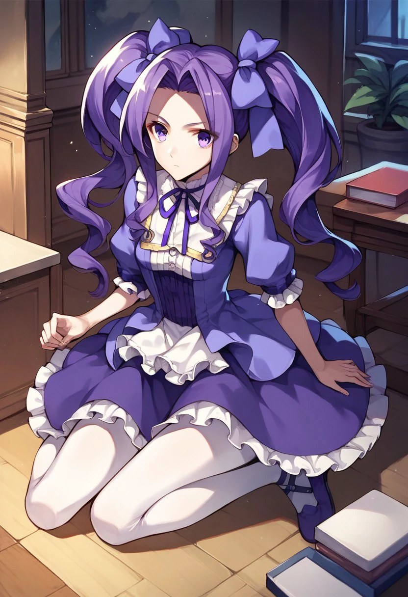 score_9, score_8_up, score_7_up, source_anime,
MELTY Q MELROMARC , MELTY Q MELROMARC REGULAR WEAR, 1girl, solo, long hair, dress, bow, ribbon, twintails, purple eyes, full body, hair ribbon, purple hair, hair bow, pantyhose, frills, shoes, frilled dress, purple dress, white pantyhose