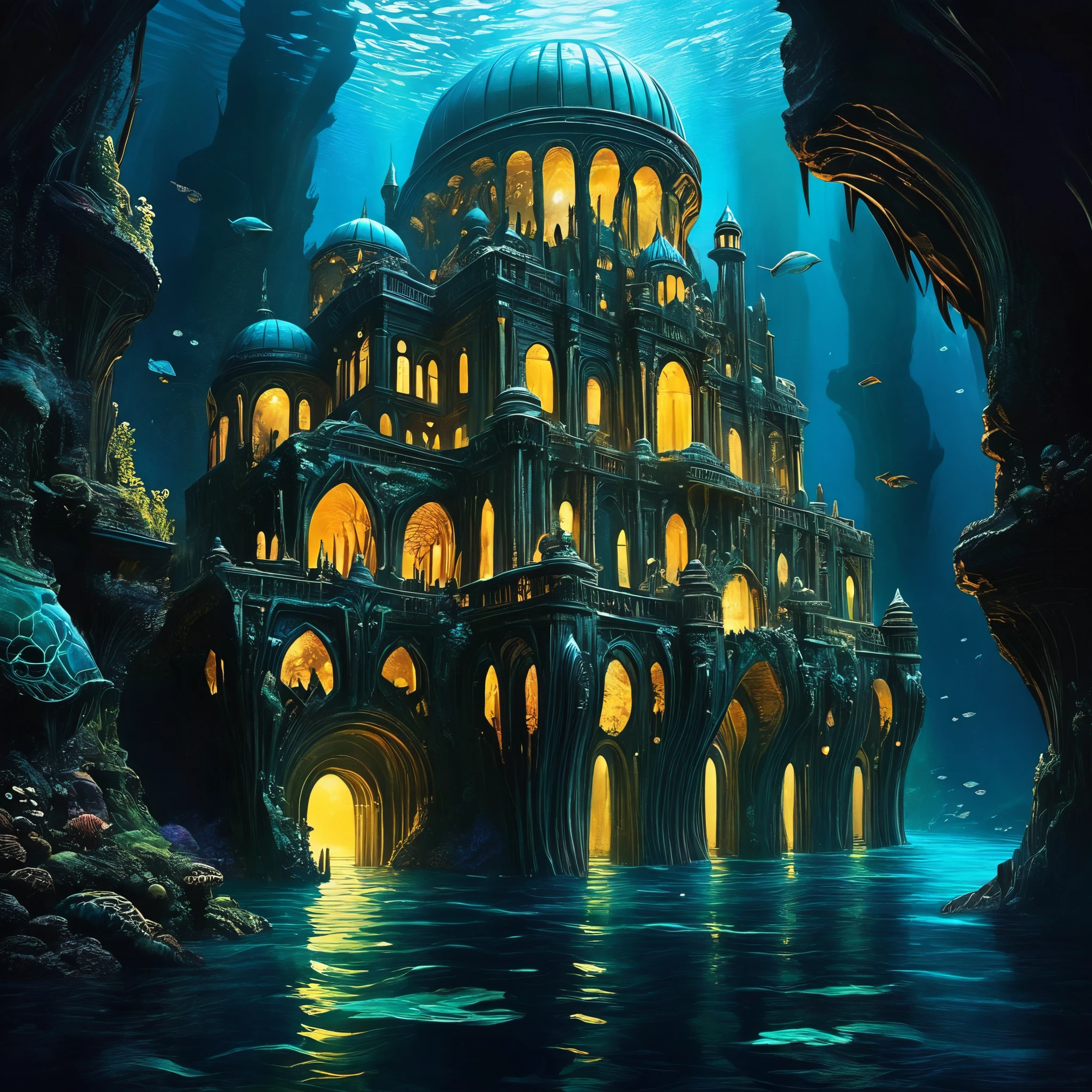 FRESHIDEAS Underwater Palace,Deep Abyss Palace: Located in the darkest depths of the ocean, this palace is carved into the side of a massive underwater canyon. It is illuminated by glowing fungi and inhabited by creatures that have adapted to the extreme pressure and darkness, adding an eerie yet awe-inspiring feel to the environment