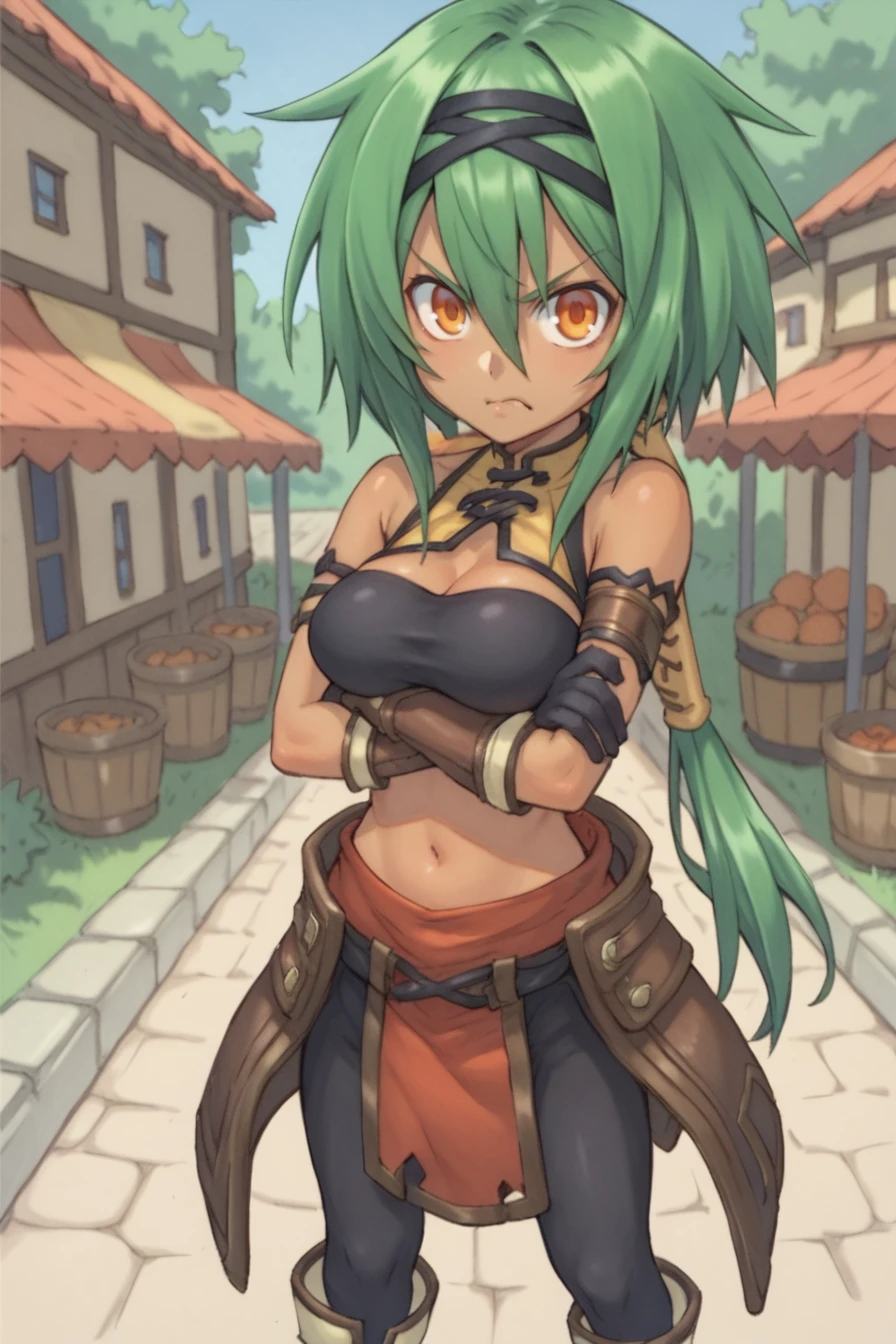 (score_9, score_8_up, score_7_up, score_6_up), source anime, BREAK, <lora:Kylier:0.75> , kylierdef, 1girl, dark skin, green hair, low-tied long hair, long hair, orange eyes, bare shoulders, black tube top, midriff, brown skirt, red pelvic curtain, black leggings, gloves, boots, large breasts, looking at viewer, (solo), standing, tilted head, crossed arms, upset, angry, tsundere, closed mouth, cowboy shot, <lora:zy_Detailed_Backgrounds_v1:0.5> , detailed background, highly detailed, outdoors, village, exterior, monstadt, <lora:m0n3tXLP:0.7> , m0n3t, traditional media,