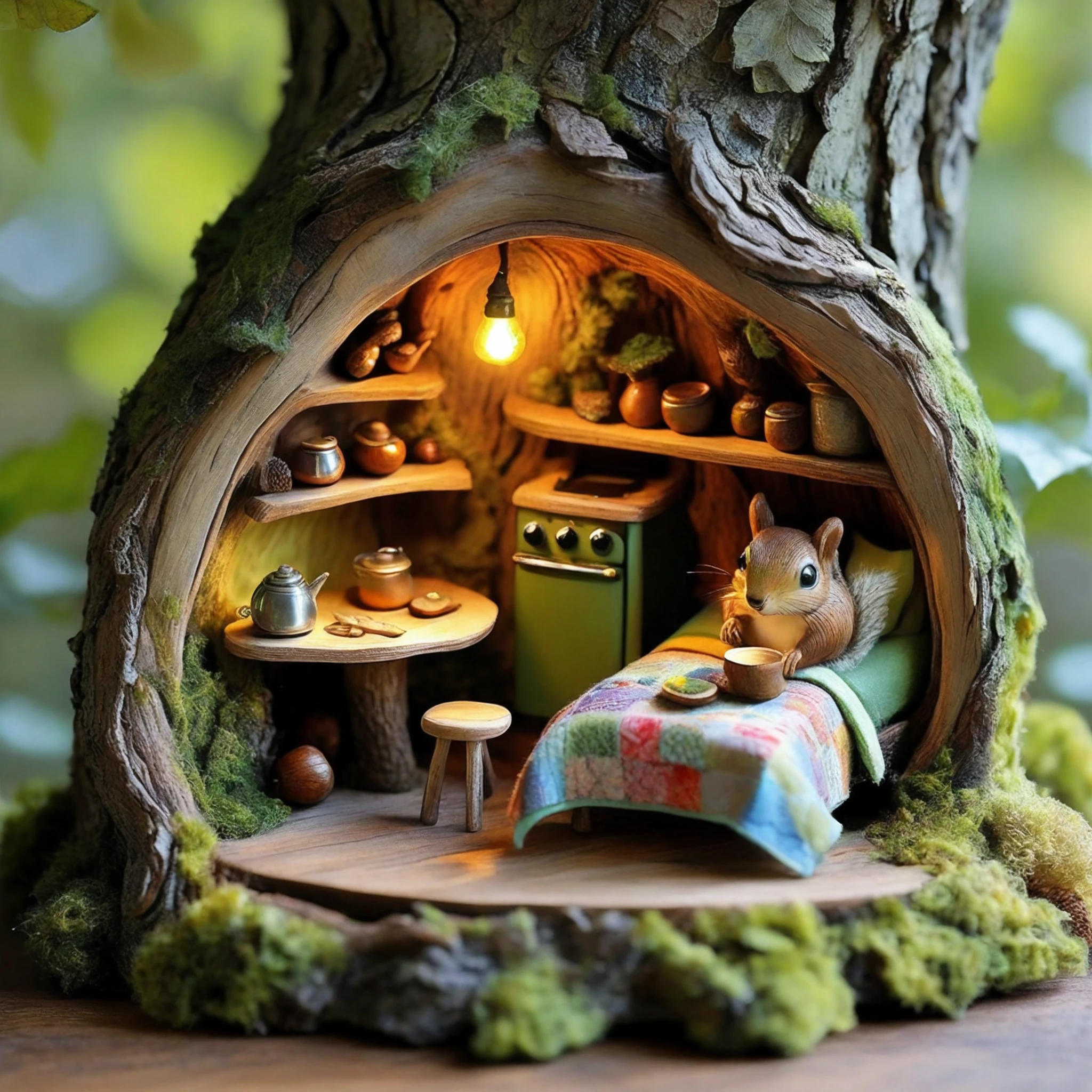 FRESHIDEAS The home of the squirrel A whimsical tree hollow home belonging to a squirrel, nestled high within the trunk of an ancient oak tree. Inside, the space is cozy and creatively furnished, blending natural elements with miniature, rustic furniture. A small wooden table and chairs **** from acorns and twigs sit in the center of the room. On one side, there's a tiny bed **** of soft moss and leaves, with a quilt crafted from colorful scraps of fabric. The walls are adorned with shelves carved directly into the wood, holding acorn cups, nuts, and tiny trinkets. In one corner, there's a tiny stove **** from a hollowed-out nut, complete with a small chimney that leads outside. A makeshift lamp, fashioned from a glowing firefly in a jar, sits on a tiny wooden nightstand. The squirrel's kitchen includes miniature appliances **** a tiny refrigerator crafted from a pinecone and a leaf-lined oven. The room is illuminated with warm, soft light filtering through a small, round window, offering a view of the surrounding forest. Outside, the tree is surrounded by lush greenery, with the entrance cleverly camouflaged by vines and leaves