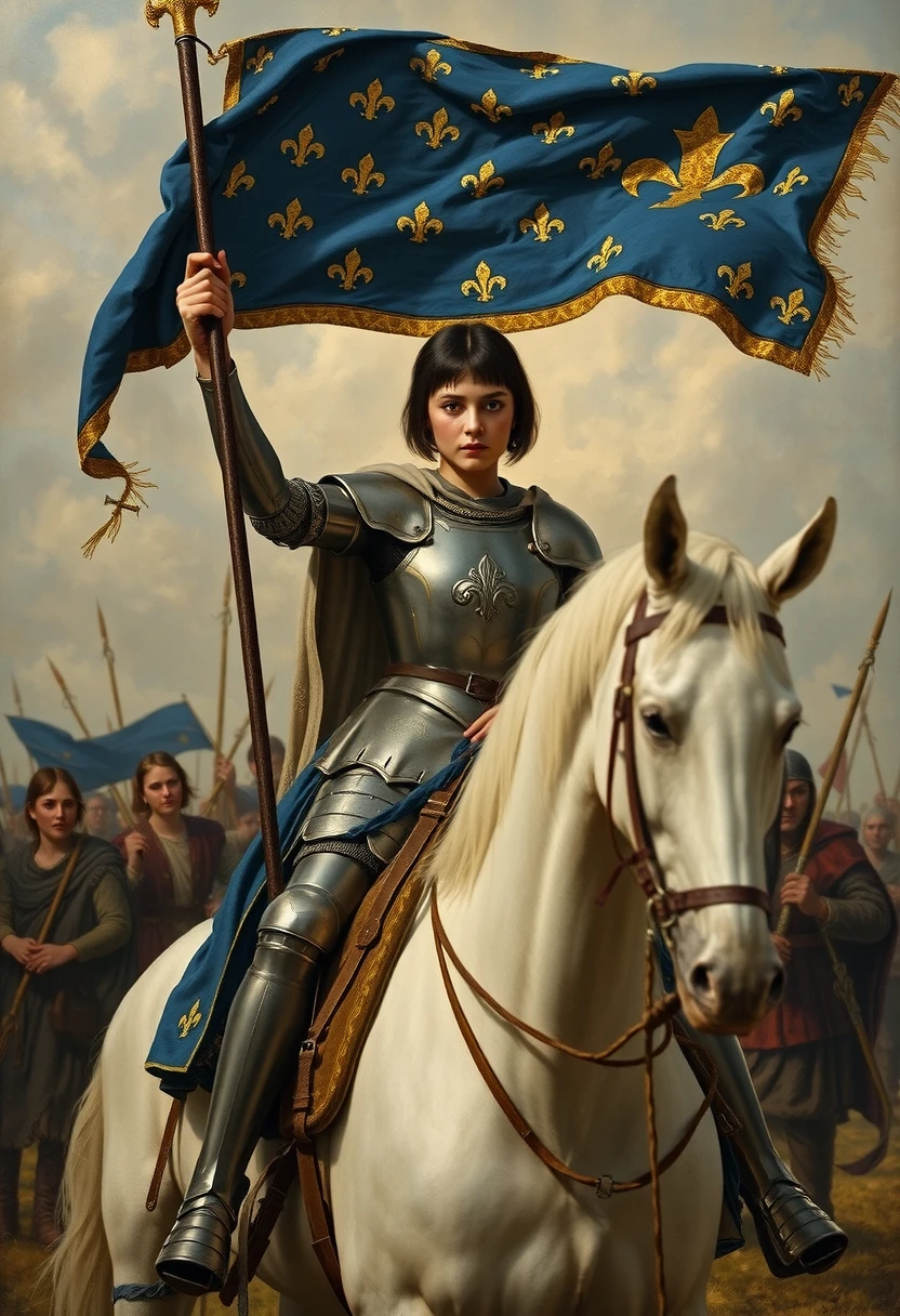 Masterpiece painting, dramatic angled-front view, , heroic painting of a beautiful girl on a medieval battlefield, short black hair, full-plate-mail armor, holding up a lance with a long and narrow blue and gold banner with hundreds of embroidered fleur-de-lis, defiance of an enemy, sitting on a large white steed,