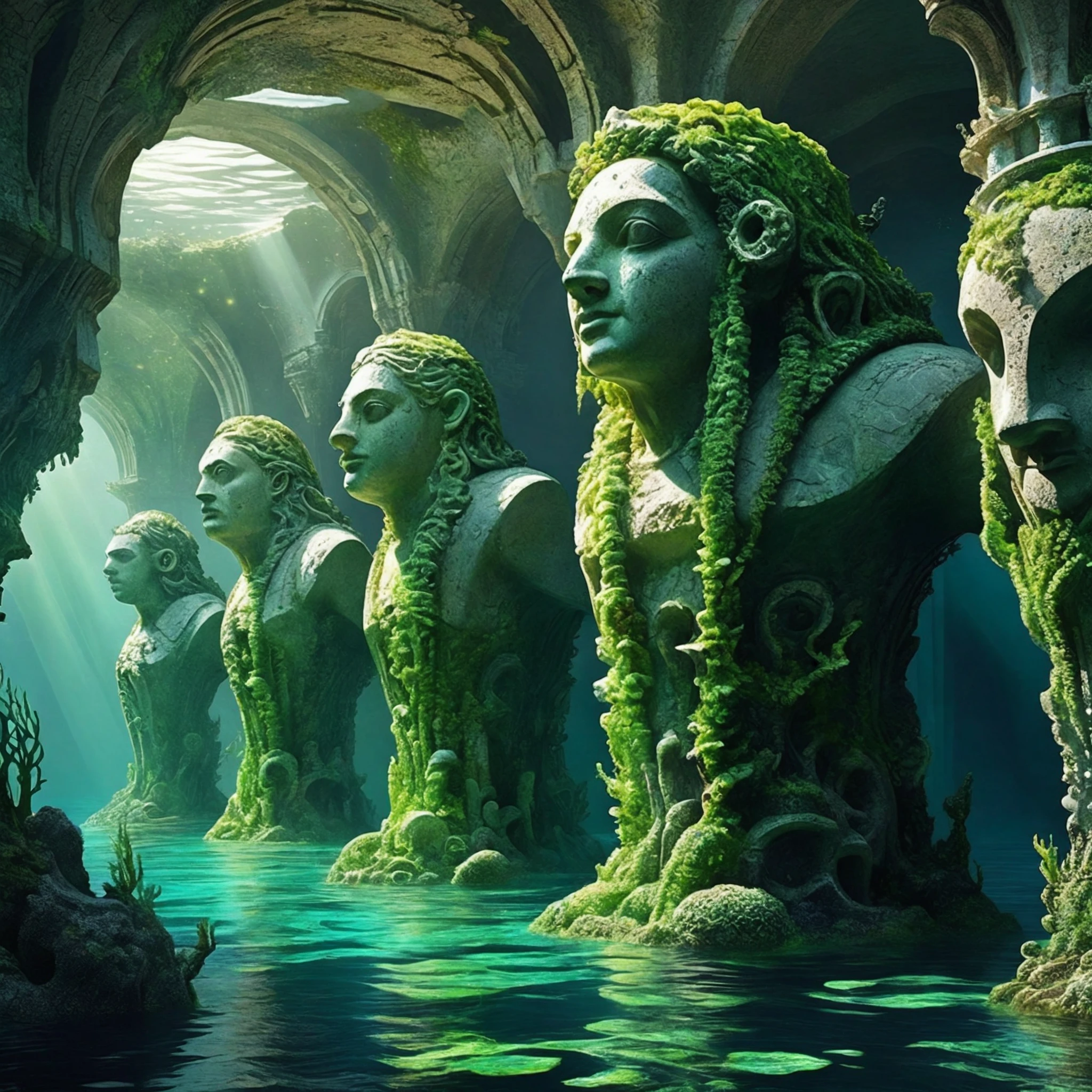 FRESHIDEAS Underwater Palace,Sunken Ruins Palace: An ancient,partially crumbled palace overgrown with seaweed and barnacles. Giant stone statues of mythical sea creatures stand guard,their features worn by centuries underwater. Flickering bioluminescent algae provide the only light in this mysterious,forgotten place,