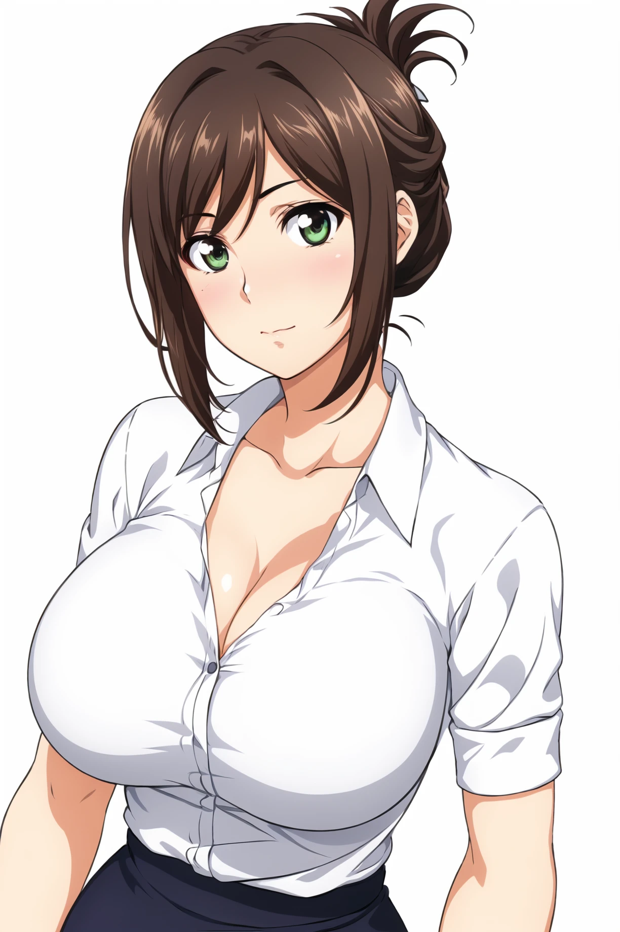 Simple Background,(White_Background:1.1),
dynamic pose,standing at attention,
white shirt, collarbone, cleavage, short sleeves,pencil skirt,  collared shirt, 
<lora:Kana_Kojima_Why-KK77-V1:0.7>,shirt tucked in, skirt,
Green eyes, brown hair,bangs,Short hair,folded ponytail, 
<lora:more_details:0.1>,<lora:NovelAI_YesMix5_KKStyle-KK77-Yes5-V1:0.3>,<lora:Oda_Non_Style2-KK77-Yes5-V1:0.3>,
1 girl, 20yo,Young female,Beautiful long legs,Beautiful body,
Beautiful Nose,Beautiful character design, perfect eyes, perfect face,expressive eyes,perfect balance,
looking at viewer,(Focus on her face),closed mouth, (innocent_big_eyes:1.0),(Light_Smile:0.3),
official art,extremely detailed CG unity 8k wallpaper, perfect lighting,Colorful, Bright_Front_face_Lighting,White skin,
(masterpiece:1.0),(best_quality:1.0), ultra high res,4K,ultra-detailed,
photography, 8K, HDR, highres, absurdres:1.2, Kodak portra 400, film grain, blurry background, bokeh:1.2, lens flare, (vibrant_color:1.2),professional photograph,
(Beautiful,large_Breasts:1.4), (beautiful_face:1.5),(narrow_waist),