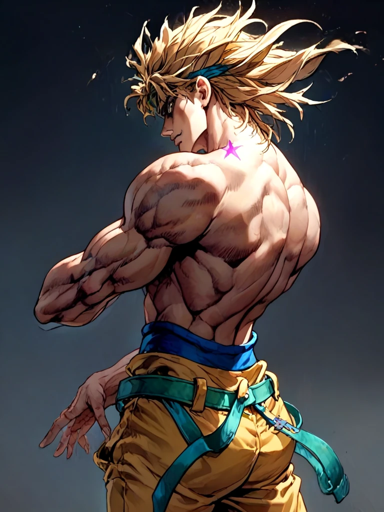 ((black background)), close-up, dio_brando's_pose_\(jojo\), birthmark \(joestar\), ear birthmark, looking at viewer, jojo pose, stepped on staris, night, wind, indoors, vampire, off shoulder, blonde hair, headband, green belt, yellow pants, topless male, muscular male, narrow waist, evil smile, bare back. shaded face, looking back, full body, <lora:dioandhisstarbirthmark_pony:1>