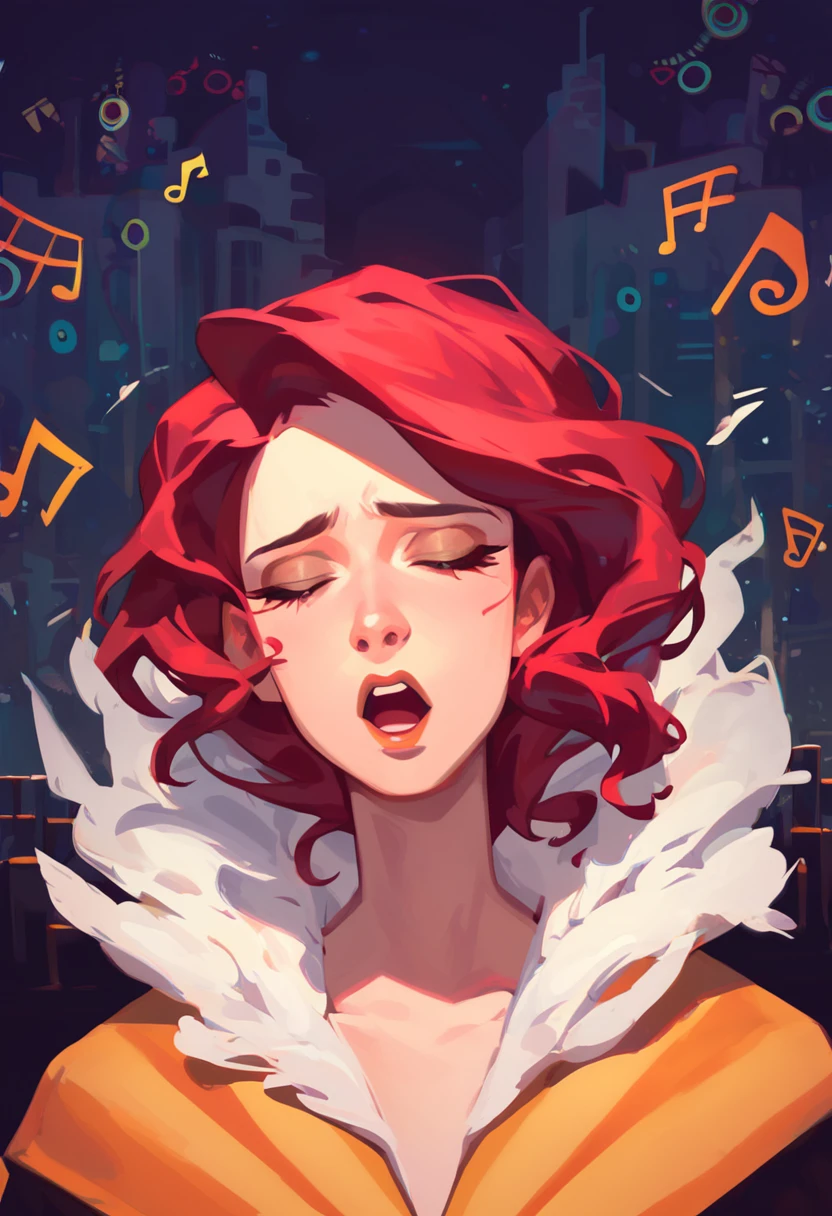 score_9, score_8_up, score_7_up, best quality, highres, Red, transistor, 1girl, upper body, dress, jacket, dark background, city, looking at viewer, sad, singing, open mouth, closed eyes, <lora:Red_Transistor:1>