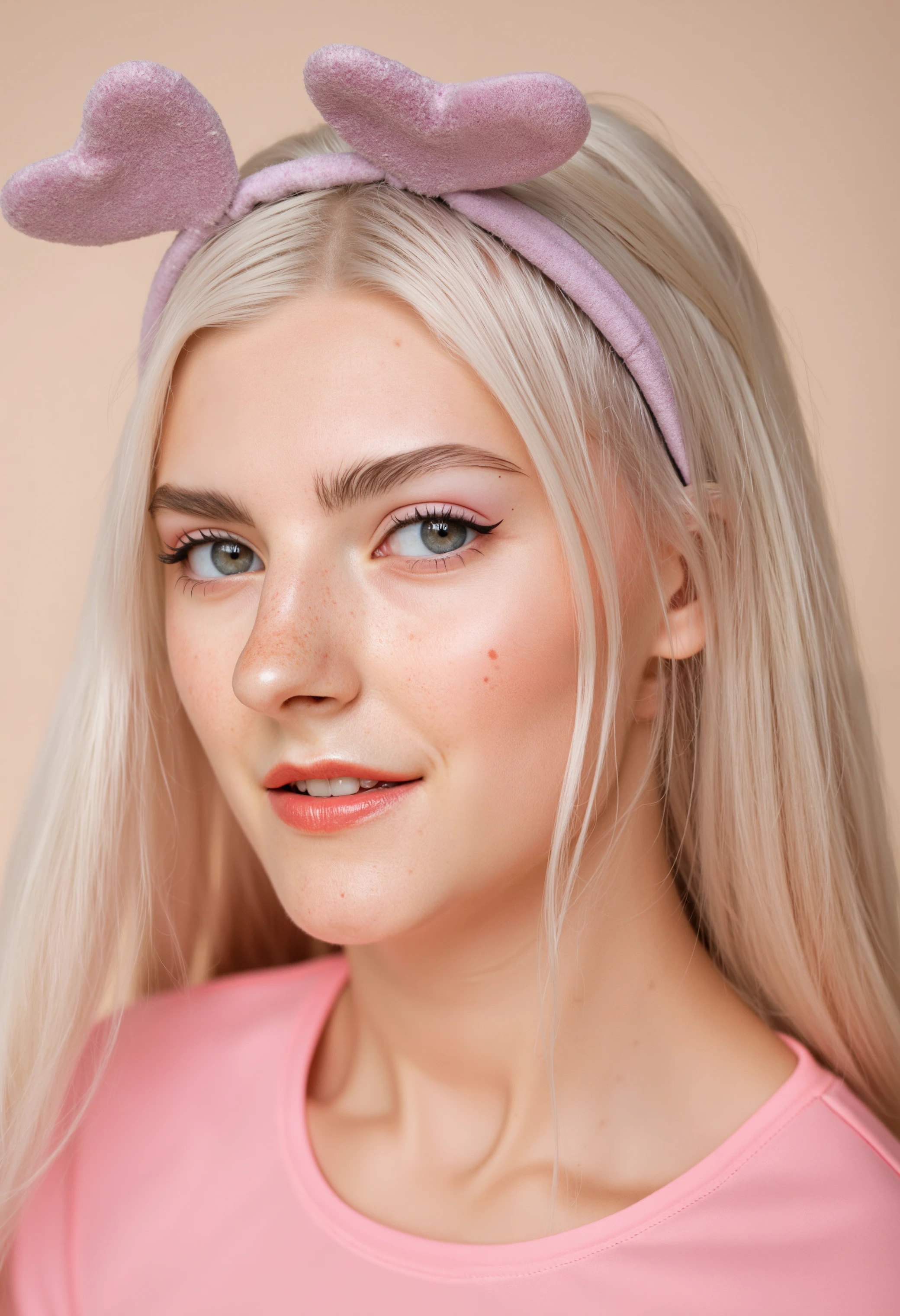 p3r5on wearing a pink top with a heart-shaped headband, against a neutral background, in a close-up shot capturing her face and upper body, with a slight tilt to her right, showcasing her blue eyes and freckles.