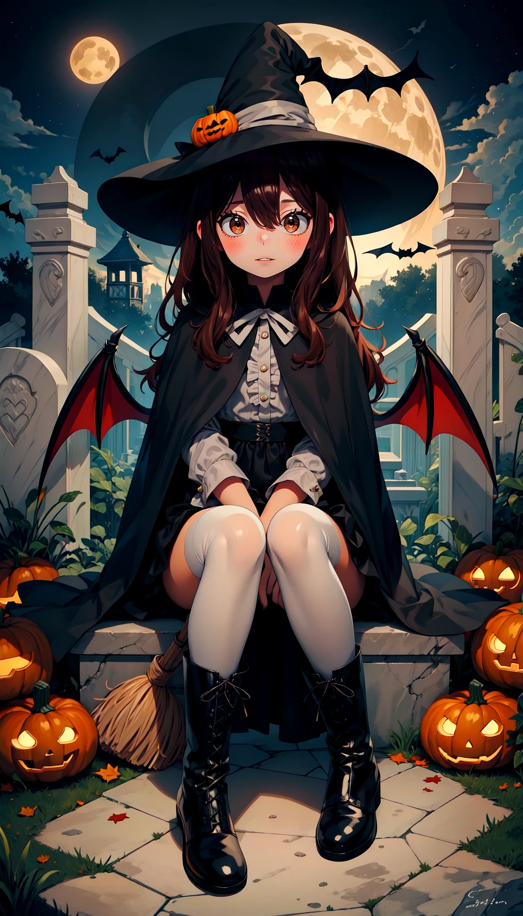 masterpiece, best quality, ultra-detailed, cinematic,wide shot,
bat,broom,broom riding,full moon,halloween,hat,moon,witch hat,jack-o'-lantern,witch,crescent moon,star \(symbol\),1girl,halloween costume,pumpkin,black headwear,bat wings,night,thighhighs,solo,brown hair,bat hair ornament,happy halloween,boots,long hair,ghost,flying,cape,black footwear,holding broom,demon tail,looking at viewer,night sky,wings,black capelet,sidesaddle,black cape,brown eyes,tombstone,blush,black wings,candy,crescent,demon wings,black legwear,sky,shoes,hair between eyes,bangs,castle,eyebrows visible through hair,sitting,graveyard,silk,long sleeves,skirt,parted lips,star \(sky\),black cat,pumpkin hat,full body,hat bow,star hat ornament,black skirt,hat ornament,spider web,cloud,knees up,mini wings,holding,starry sky,grave,cat,knees together feet apart,halloween bucket,black cloak,pleated skirt,red moon,pumpkin hair ornament,animal,detached wings,lantern,spider web print,thighs,dress,gloves,closed mouth,capelet,frills,brown wings,dated,ankle boots,black dress,hexagram,star print,lace-up boots,signature,trick or treat,bare tree,bat print