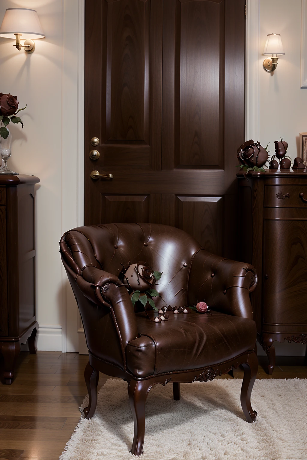 <lora:ChocolateRoseWorld:1> ChocolateRoseWorld chair in a cozy living room