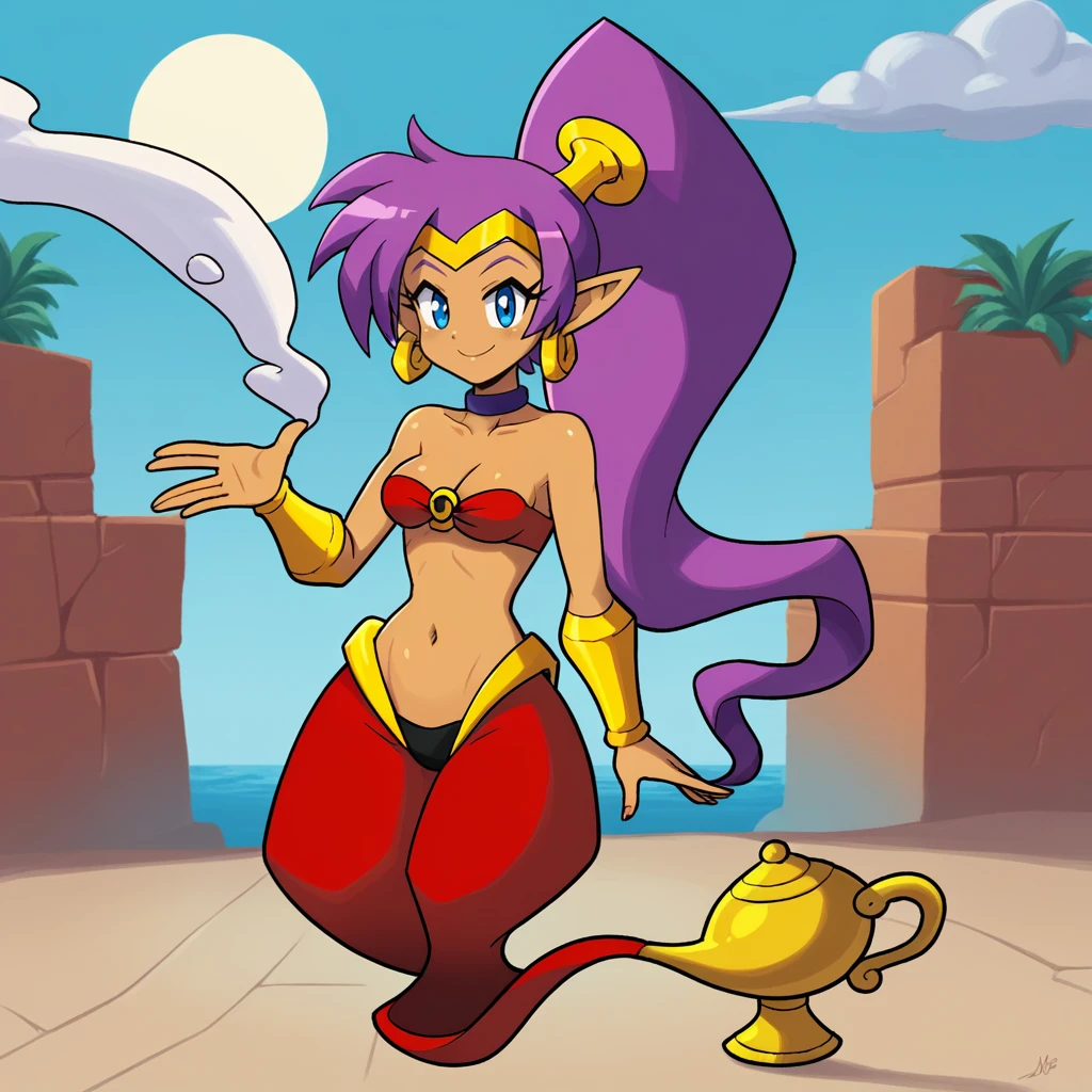 score_9, score_8_up, score_7_up, score_6_up, score_5_up, score_4_up, zPDXL2,source_anime,rating_questionable,1girl, looking at viewer, shantae, tanned skin, smile, outdoors, <lora:Genie:0.8> g3nie, genie, navel, midriff, smoke, ghost tail, ponytail, lamp