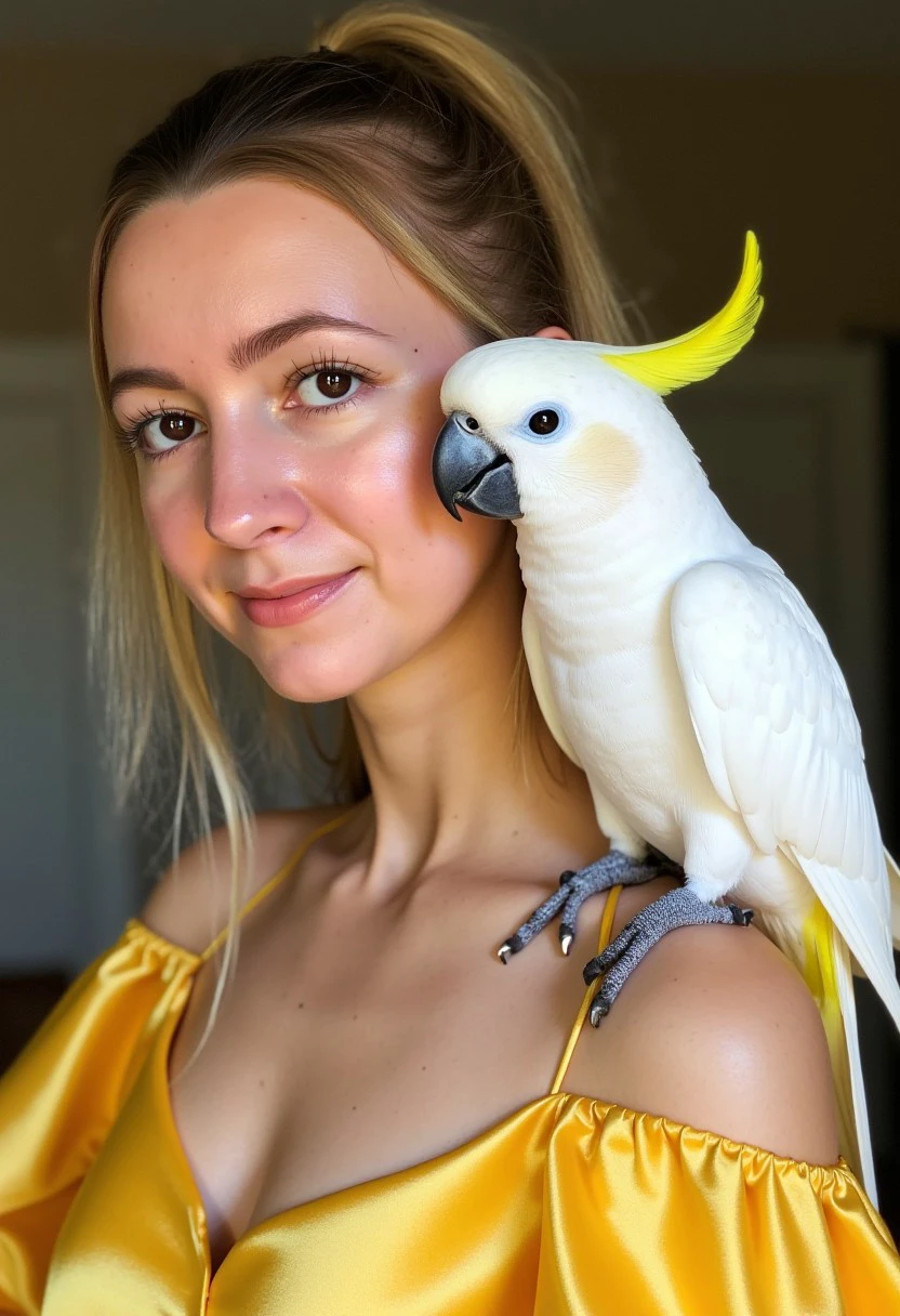 facing the viewer, portrait photograph of Kristina, capturing the essence of a young woman with light blonde hair, brown eyes, and a tender, genuine smile. She lovingly gazes at a white Cockatoo parrot with a distinctive bright yellow crown of feathers perched on her shoulder, creating a sense of connection between them. The subject is dressed in an exquisite, flowing yellow gown made of silk or satin