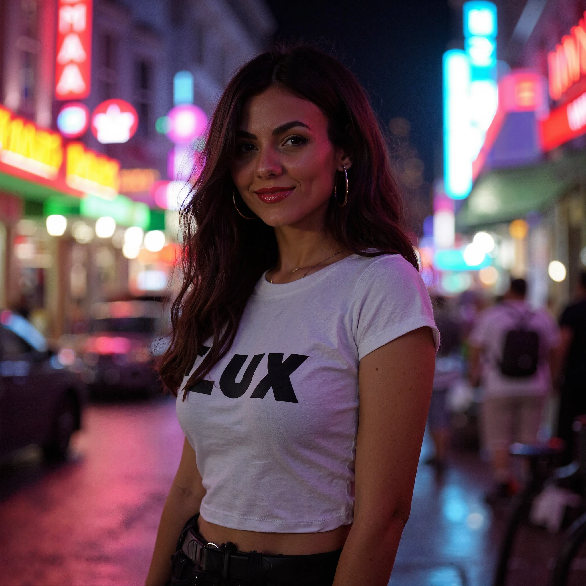 portrait of Victoria Justice, standing confidently on a bustling city street at night. The scene is illuminated by the vibrant glow of streetlights, headlights, and various neon signs that bring the urban environment to life with their bright and colorful lights.

Victoria is wearing a tight, white short-sleeved t-shirt that fits snugly and highlights her figure. The t-shirt prominently features the word 'Flux' written across the chest in bold, black font, creating a striking contrast against the white fabric. The sleek, modern design of the shirt complements the dynamic energy of the city at night.

Her long, dark hair cascades over her shoulders, slightly tousled by the evening breeze, adding a natural, effortless look to her appearance. The city lights catch in her hair, creating subtle highlights and adding depth and texture to the image.

Victoria’s expression is confident and poised, with a slight, knowing smile that reflects her strong presence and composure. Her eyes are bright, catching the reflection of the neon lights around her, adding a captivating sparkle to her gaze.

The background features a lively city street, with blurred lights from passing cars and glowing storefronts creating a sense of motion and vibrancy. The neon signs and lights in various colors—reds, blues, and greens—cast a dynamic glow across the scene, adding to the urban, contemporary atmosphere. The reflections of these lights on the wet pavement add an additional layer of visual interest, enhancing the nighttime cityscape.

The overall mood of the portrait is vibrant and modern, with Victoria Justice exuding confidence and style against the energetic backdrop of the city at night. The combination of her striking outfit, the bold 'Flux' lettering, and the lively urban setting creates a powerful and visually engaging image that captures the essence of urban nightlife