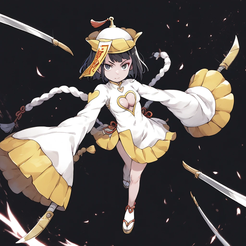 score_9, score_8_up, score_7_up, niang-niang, toaru, 1girl, solo, ofuda, jiangshi, clothing cutout, cleavage cutout, dual wielding, dress, hat, outstretched arms, heart cutout, black hair, weapon, wide sleeves, holding, short hair, looking at viewer, long sleeves, breasts, standing