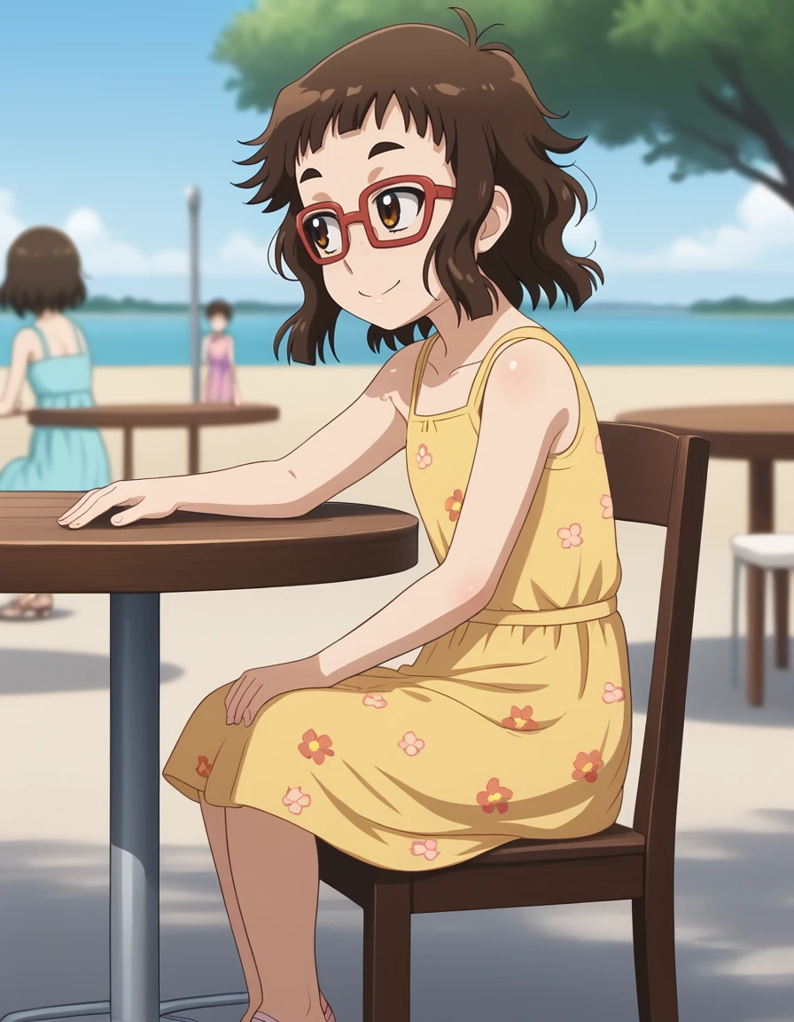 <lora:Otako (Oshiete):1>, otako (oshiete! galko-chan), 1girl, solo, summer dress, outdoors, looking away, closed mouth, smile, sunny, sitting, sandals, chair, public, depth of field, table,