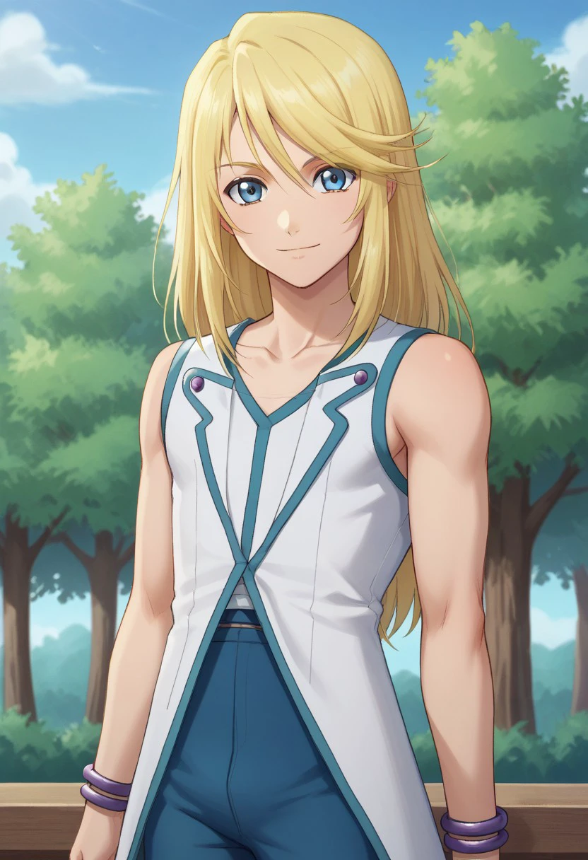 score_9, score_8_up, score_7_up, source_anime, highly detailed, 
mithos, solo, blonde hair, long hair, blue eyes, smile, upper body, pants, blue pants,
jewelry, male focus, 1boy, looking at viewer, 
dress, white dress, bracelet, slender, skinny, sleeveless, collarbone
outdoor, sky, tree