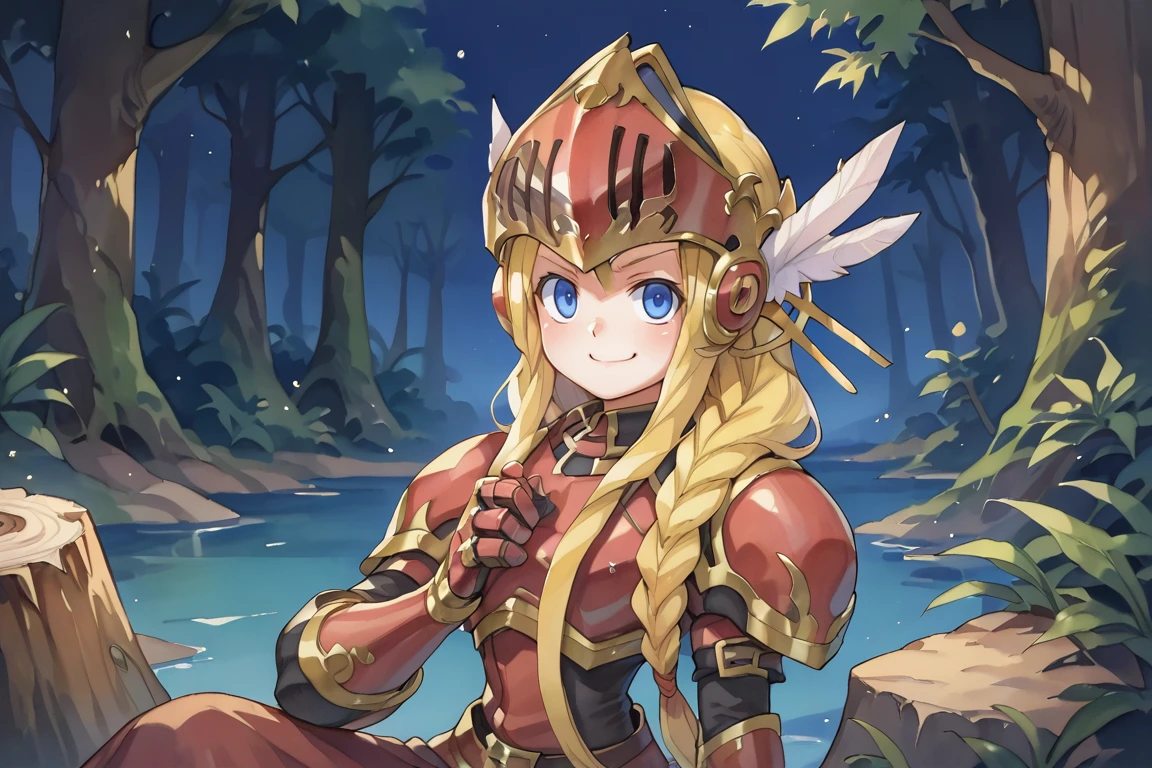 (score_9, score_8_up, score_7_up, score_6_up), source anime, BREAK, <lora:Aegina:0.75> , aegdef, 1girl, blonde hair, long hair, braid, blue eyes, valkyrie, visor (armor), winged helmet, armored dress, armor, gauntlets, smug, evil grin,  closed mouth, looking at viewer, solo, sitting, stump,  twin braids, <lora:zy_Detailed_Backgrounds_v1:0.5> , detailed background, highly detailed,  castle, fortress, night, forest, overgrowth, jungle, <lora:Watercolor Anime Style LoRA_Pony XL v6:0.6> , watercolor \(medium\), traditional media,