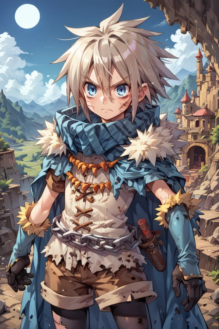 (score_9, score_8_up, score_7_up, score_6_up), source anime, BREAK, solo, <lora:Milanor:0.75> , miladef, 1boy, grey hair, spiked hair, blue eyes, fur trim, blue cloak, white corset, gloves, (cowboy shot), black leggings, brown shorts, chain belt,  exterior, outdoors, night, canyon, mountains, castle, fortress, standing, closed mouth, angry, injured, hurt,  <lora:zy_Detailed_Backgrounds_v1:0.5> , detailed background, highly detailed,   <lora:backgroundsetXL:0.4> , background, looking at viewer,  <lora:cr33pXLP:0.5> , cr33p,