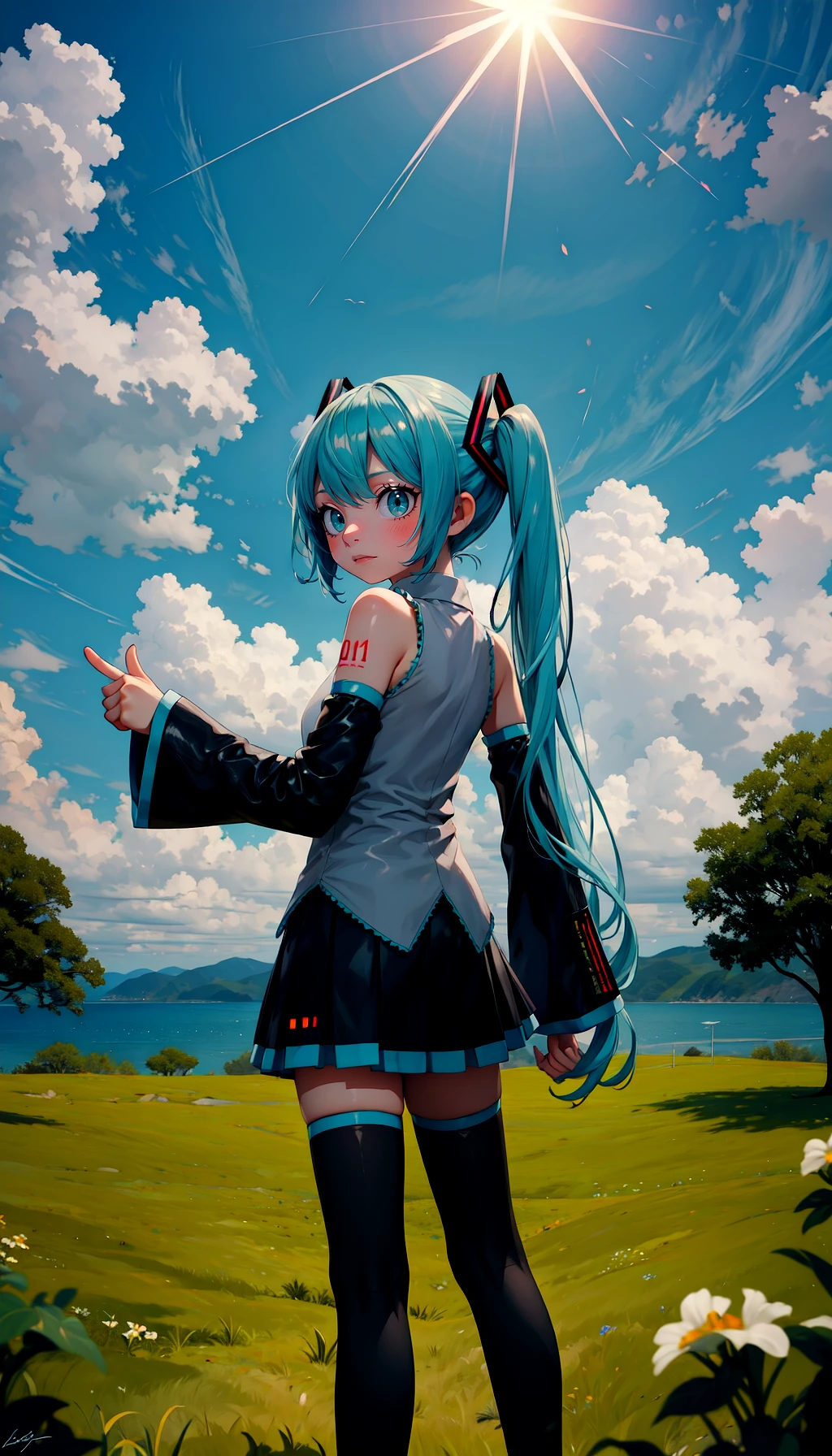 masterpiece, best quality, ultra-detailed, cinematic,wide shot,
1girl,hatsune miku,long hair,twintails,solo,cloud,detached sleeves,outdoors,skirt,scenery,sky,very long hair,tree,from behind,aqua hair,thighhighs,signature,arm up,black skirt,wide shot,standing,shirt,sleeveless shirt,cloudy sky,sunlight,grass,pointing up,nature,sleeveless,bare shoulders,