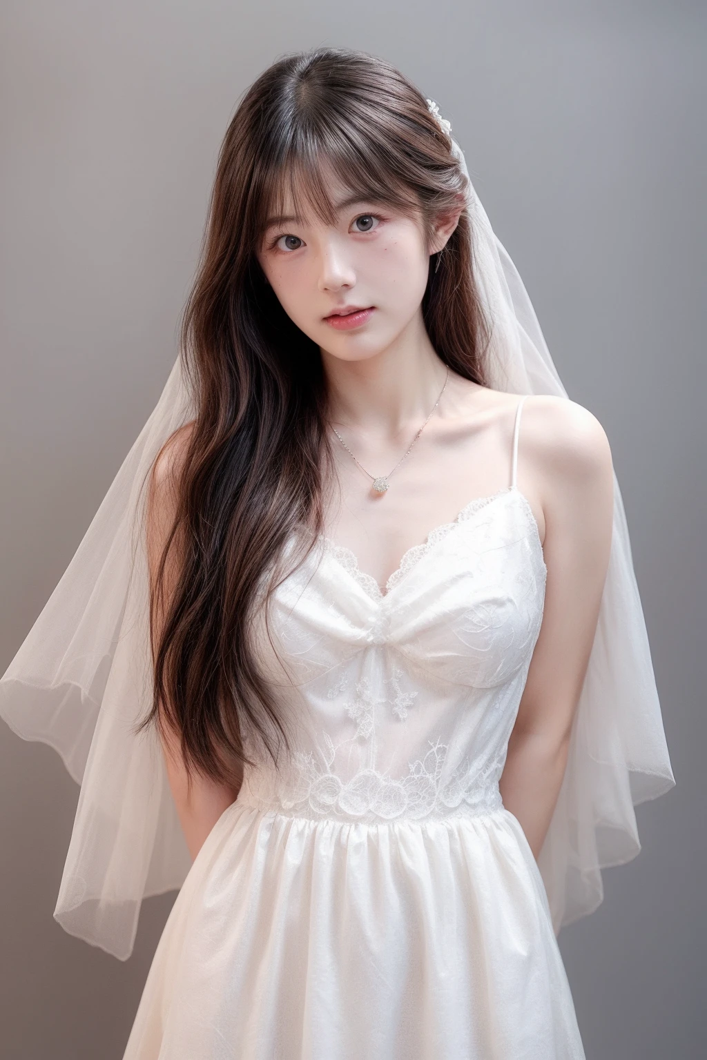 1girl,, high quality, looking at viewer, wedding dress, bridal veil, simple background, lace trim, see-through, see-through, mole, necklace, cowboy shot, gorgeous, pale skin, arms behind back, 
 <lora:add_detail:1> <lora:ip-adapter:0.65><lora:ppsn_v2-000008:0.45>