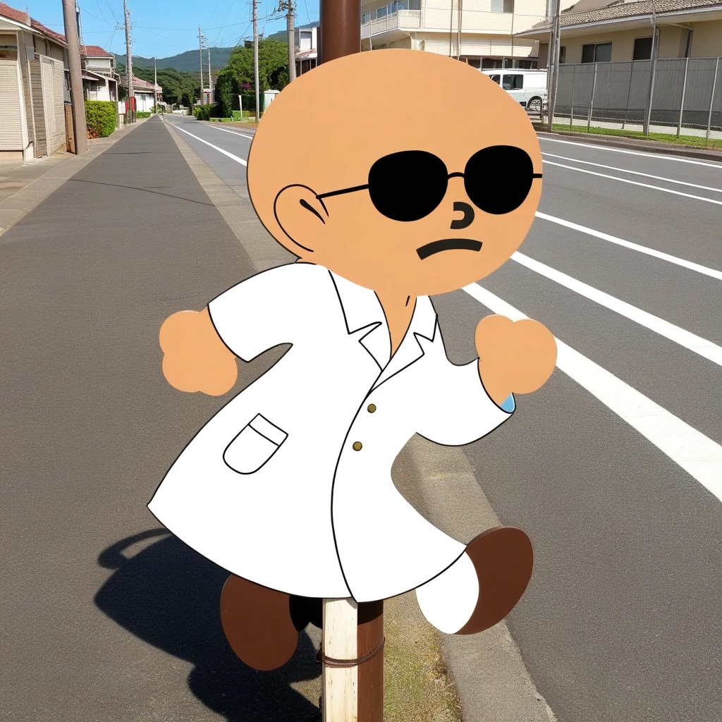 <lora:do_not_run_over_SDXL:0.8>,donotrunover, road, utility pole, bald fat old man, sunglasses, tan, white trench coat