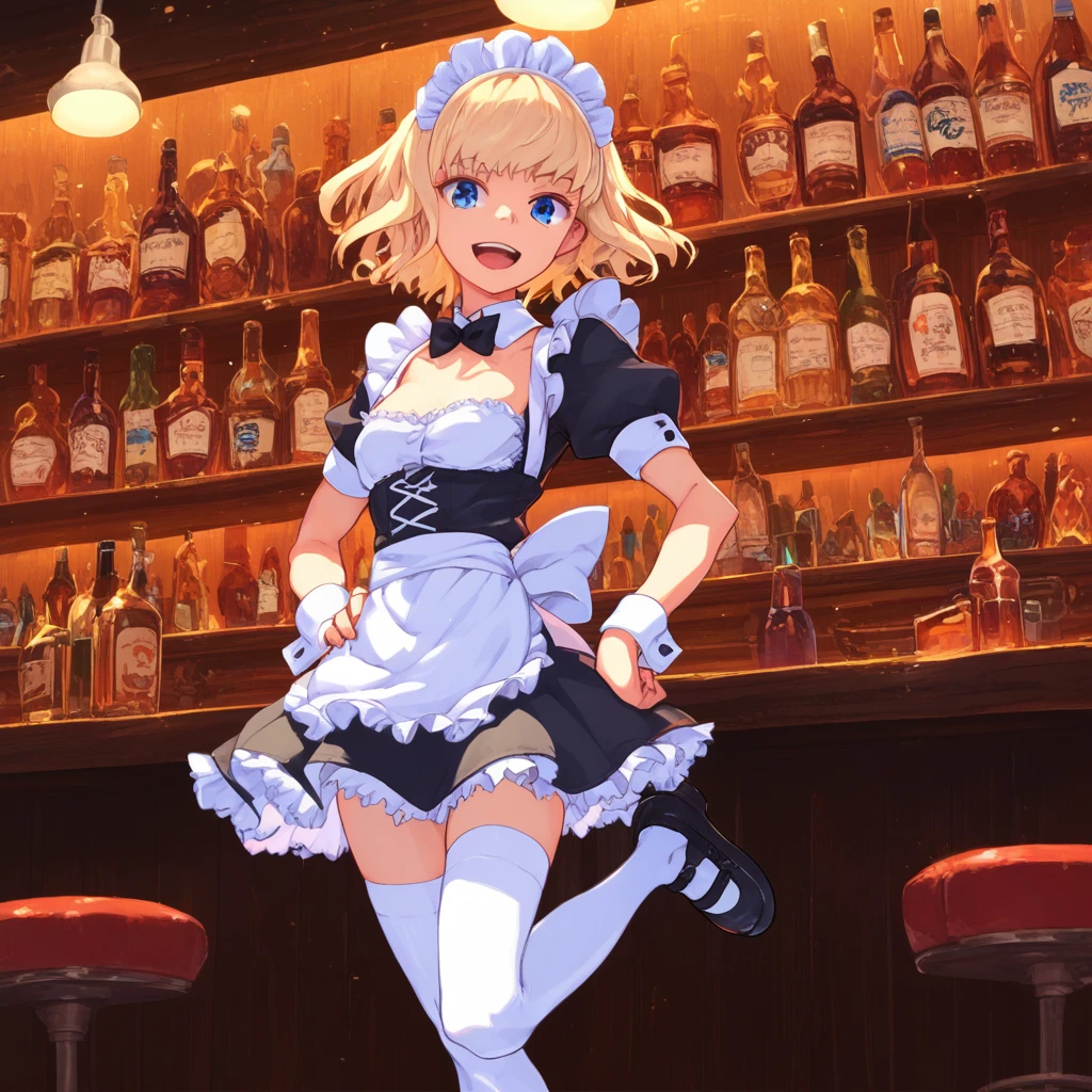 score_9, score_8_up, score_7_up, leivinia-birdway, toaru, 1girl, 1girl, solo, thighhighs, blonde hair, blue eyes, maid headdress, maid, open mouth, smile, white thighhighs, apron, short hair, wrist cuffs, hand on hip, bow, bowtie, looking at viewer, :d, bottle, bar (place), detached collar