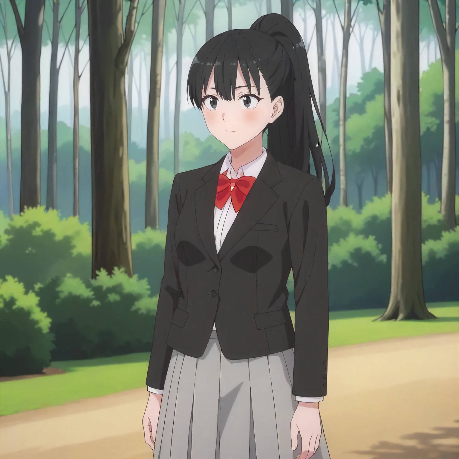 <lora:25DS_MidoriTakiXLpony001>,
outdoors,nature,
solo,
MidoriTaki,1girl,black hair,ponytail,black eyes,
black blazer,red bowtie,
gray skirt,
standing,