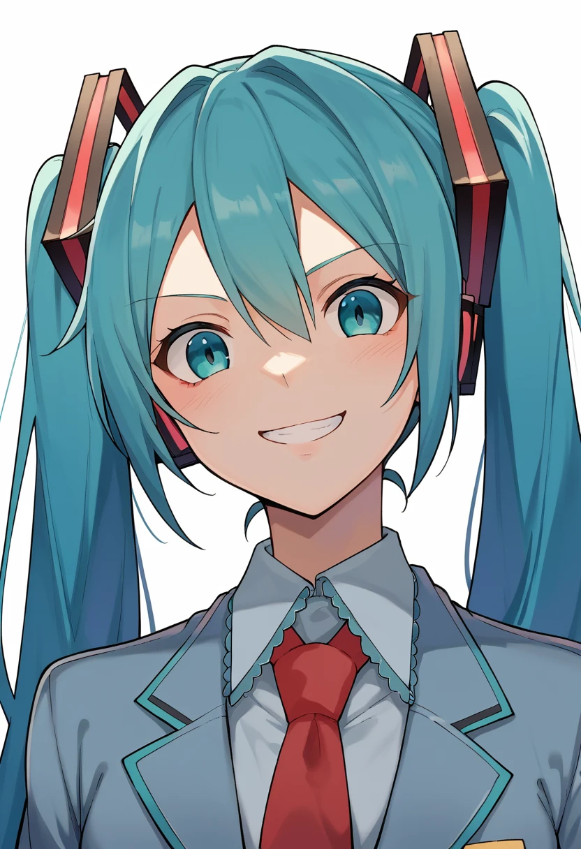 <lora:Lien-06:1> ,lien,  hatsune miku, blue school uniform, blue jacket, red tie, long hair, twintails, blue hair, hair ornament, evil smile, portrait, looking at viewer,, score_9, score_8_up, score_7_up, source_anime,