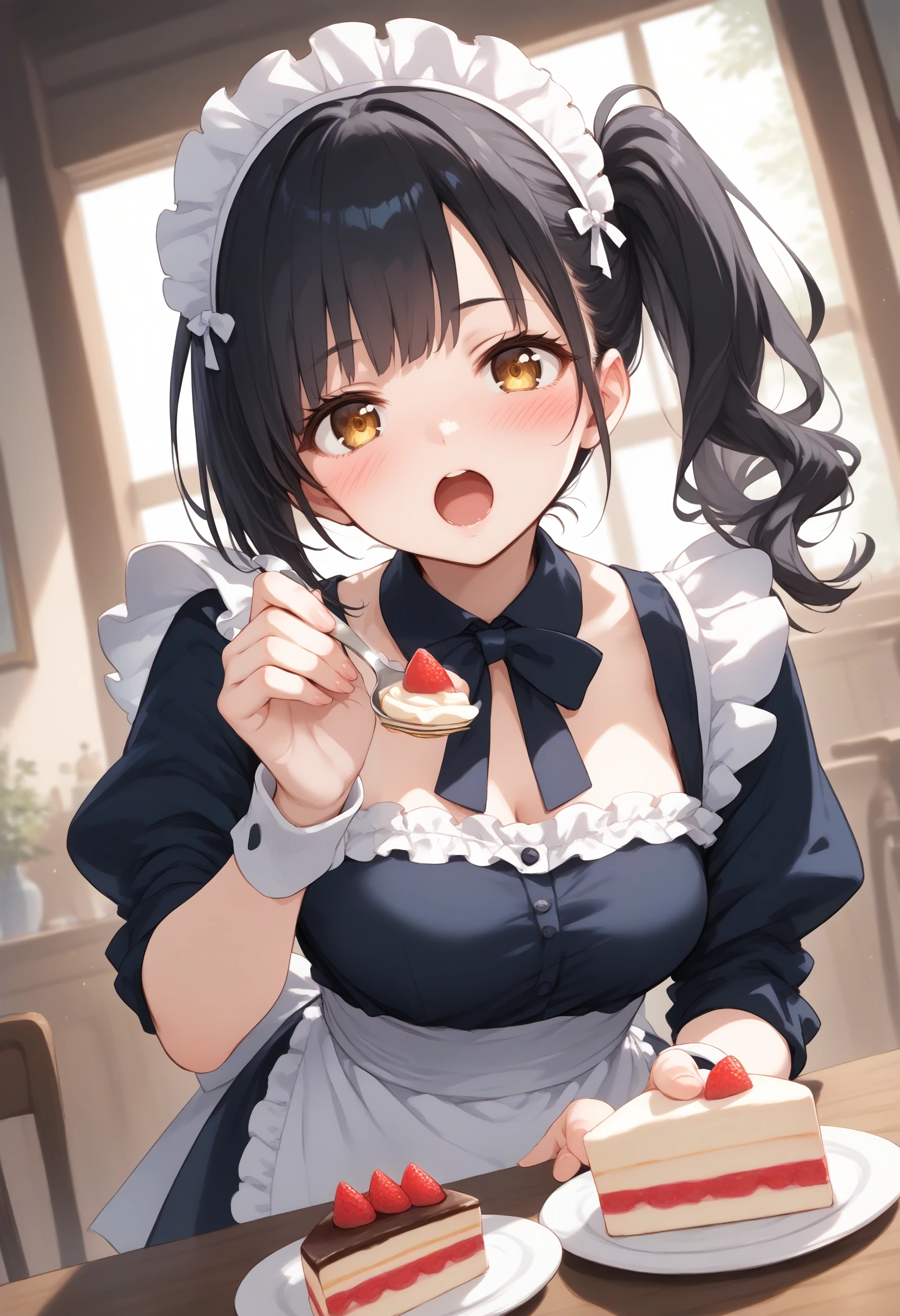 score_9, score_8_up, score_7_up, source_anime,
1girl,solo,medium breasts, maid, maid headdress,
feeding, food, open mouth, incoming food, looking at viewer, holding fork, cake <lora:feeding_Pony_v1:0.8>
dutch angle, wide shot, black hair, golden eyes,full face blush, meadow, side ponytail hair,,