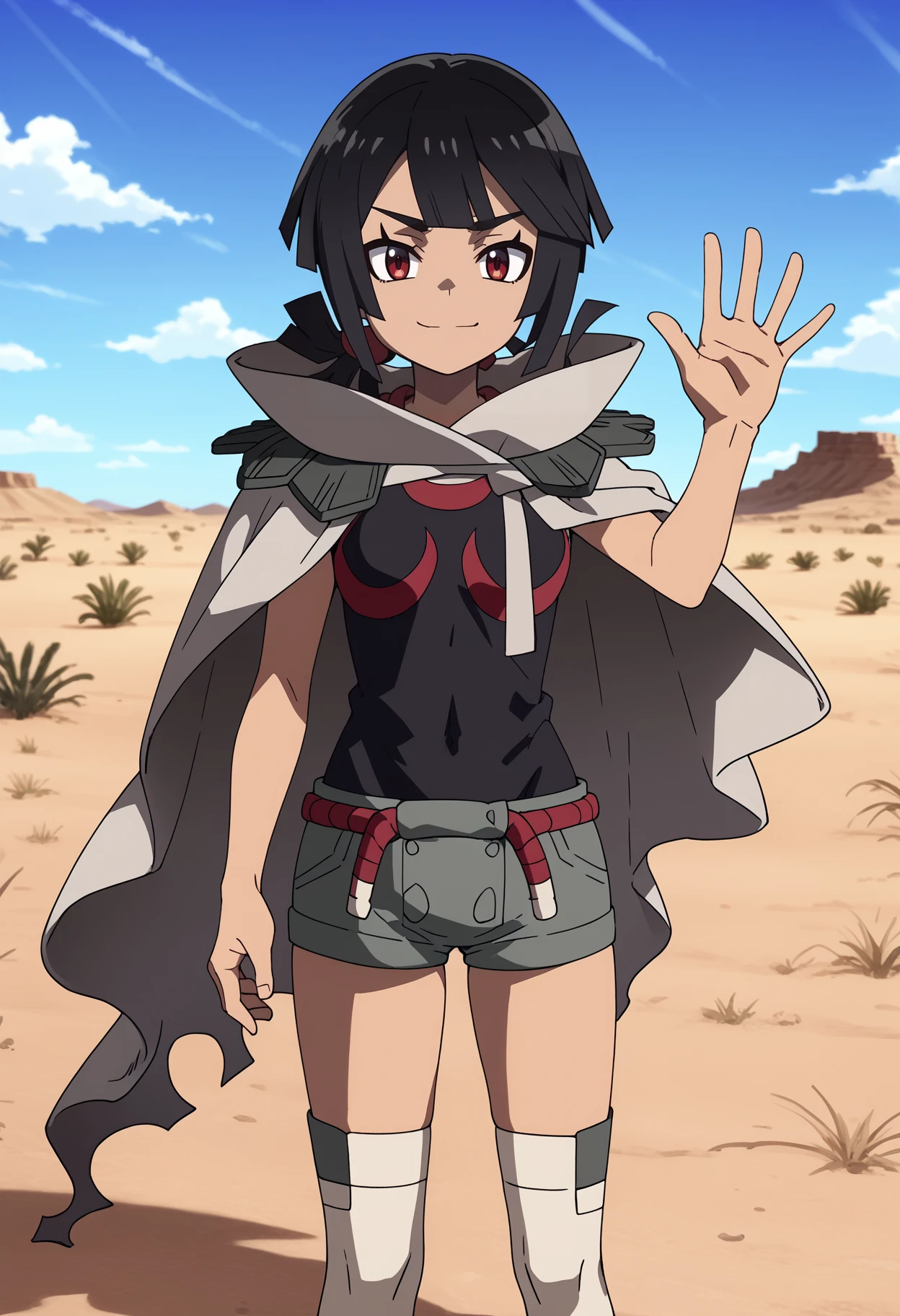 score_9, score_8_up, score_7_up, anime screencap, BREAK
1girl, zinnia, black hair, short ponytail, red eyes, dark skin,
grey cloak, black shirt, sleeveless shirt, short shorts, thighhighs,
waving, looking at viewer, smug, desert, ruined, dune, blue sky, field, standing  <lora:ZinniaXL:1>