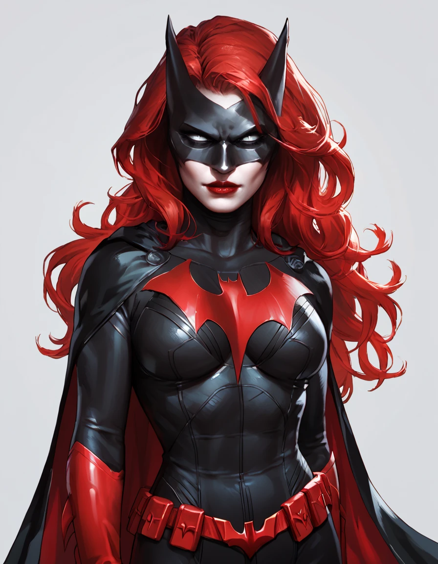 score_9, score_8_up, score_7_up, 
Batwoman, breasts, pale skin, long hair, red hair, black bodysuit, lipstick, mask, white sclera, bat cape, red bat gloves, red belt, upper body, simple background  <lora:Batwoman:0.8>