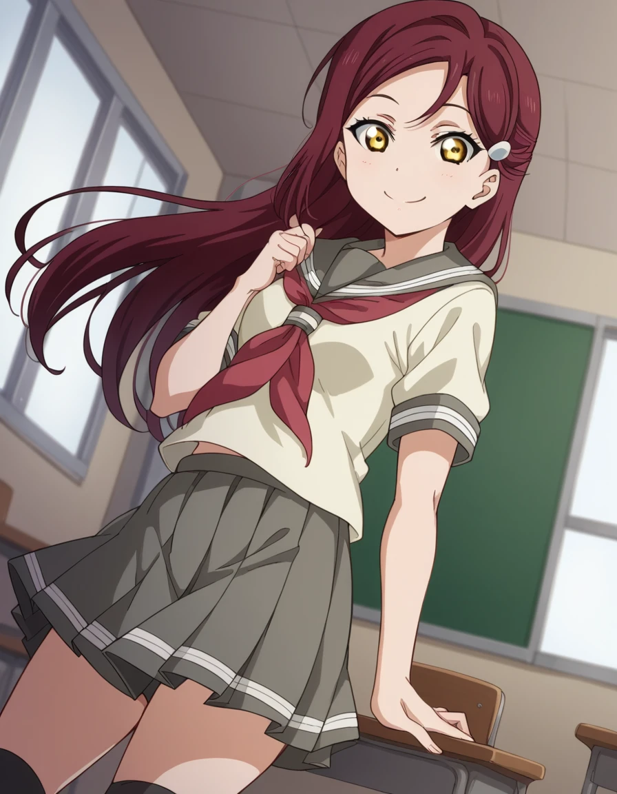 score_9, score_8_up, score_7_up, source_anime, <lora:riko-sakurauchi-s2-ponyxl-lora-nochekaiser:1>, riko sakurauchi, long hair, hair ornament, yellow eyes, red hair, hairclip,, skirt, school uniform, short sleeves, pleated skirt, serafuku, socks, neckerchief, kneehighs, black socks, red neckerchief, grey skirt, uranohoshi school uniform,, indoors, smile, looking at viewer, solo,, cowboy shot, dutch angle