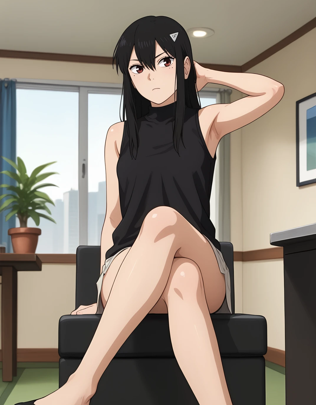 <lora:Mina Ashiro:1>, mina ashiro, solo, sleeveless shirt, sitting, crossed legs,  one hand behind head, depth of field, indoors,