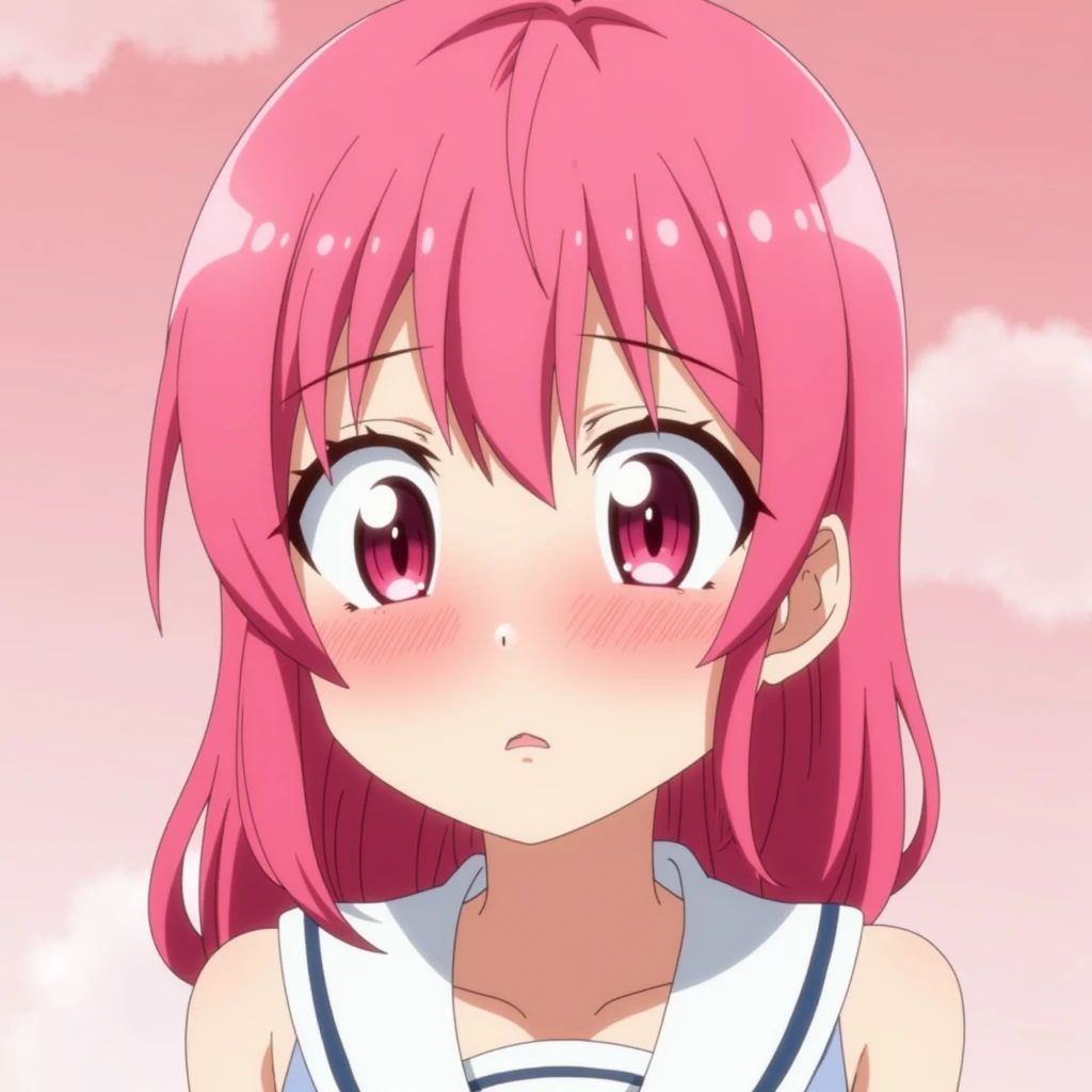 anime girl, bright pink hair, blush, sailor collar, collarbone, bare shoulders, anime girl with a very red face in embarrassment, looking at viewer <lora:anime-screenshots:1.05>
